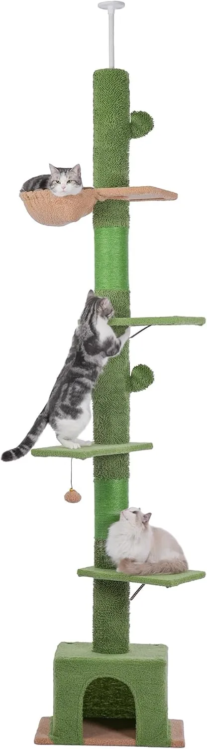 Floor to Ceiling Cat Tree Tall Cat Tower with Adjustable Height (81.8-108 Inches) with Fully Scratching Post Private Condo and Hammock for Indoor Cats (Green, Single Post)
