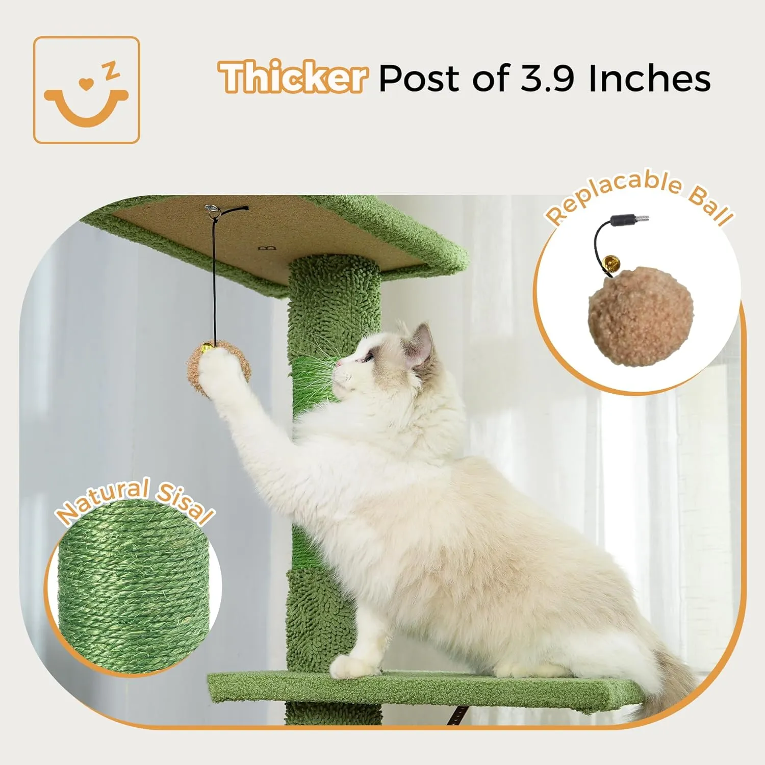 Floor to Ceiling Cat Tree Tall Cat Tower with Adjustable Height (81.8-108 Inches) with Fully Scratching Post Private Condo and Hammock for Indoor Cats (Green, Single Post)
