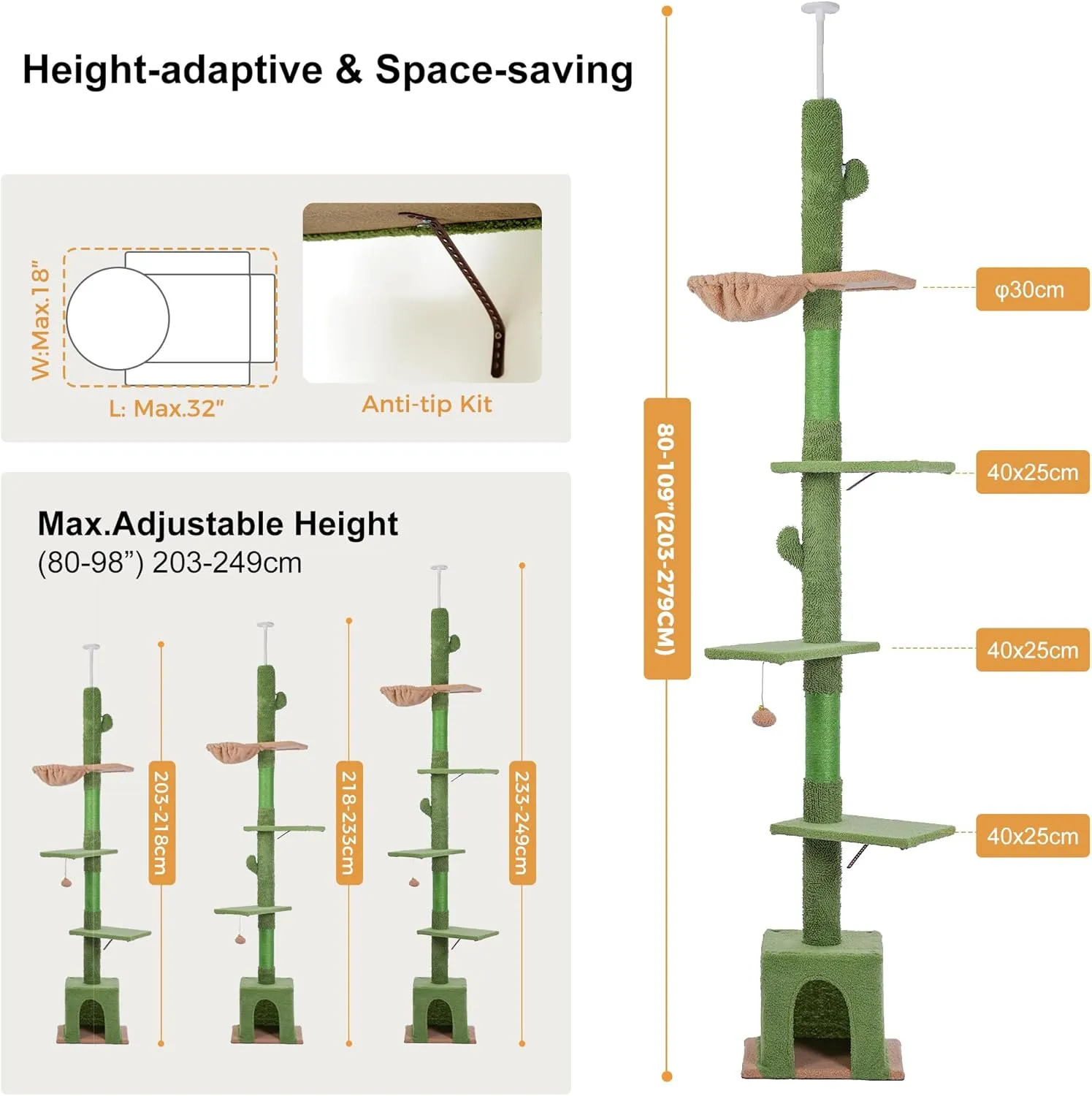 Floor to Ceiling Cat Tree Tall Cat Tower with Adjustable Height (81.8-108 Inches) with Fully Scratching Post Private Condo and Hammock for Indoor Cats (Green, Single Post)