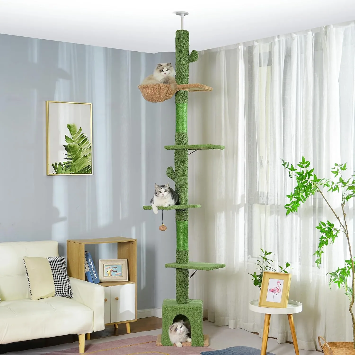 Floor to Ceiling Cat Tree Tall Cat Tower with Adjustable Height (81.8-108 Inches) with Fully Scratching Post Private Condo and Hammock for Indoor Cats (Green, Single Post)