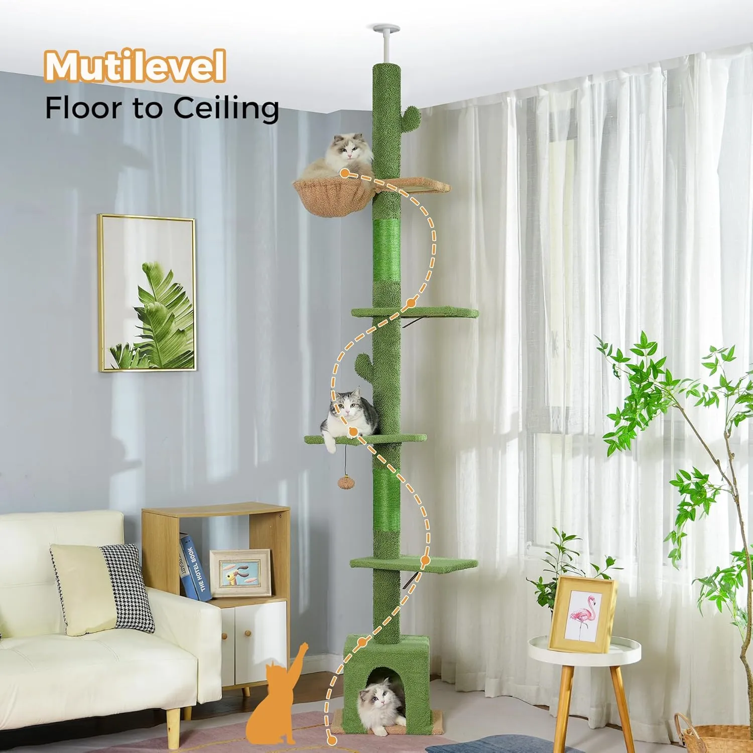 Floor to Ceiling Cat Tree Tall Cat Tower with Adjustable Height (81.8-108 Inches) with Fully Scratching Post Private Condo and Hammock for Indoor Cats (Green, Single Post)