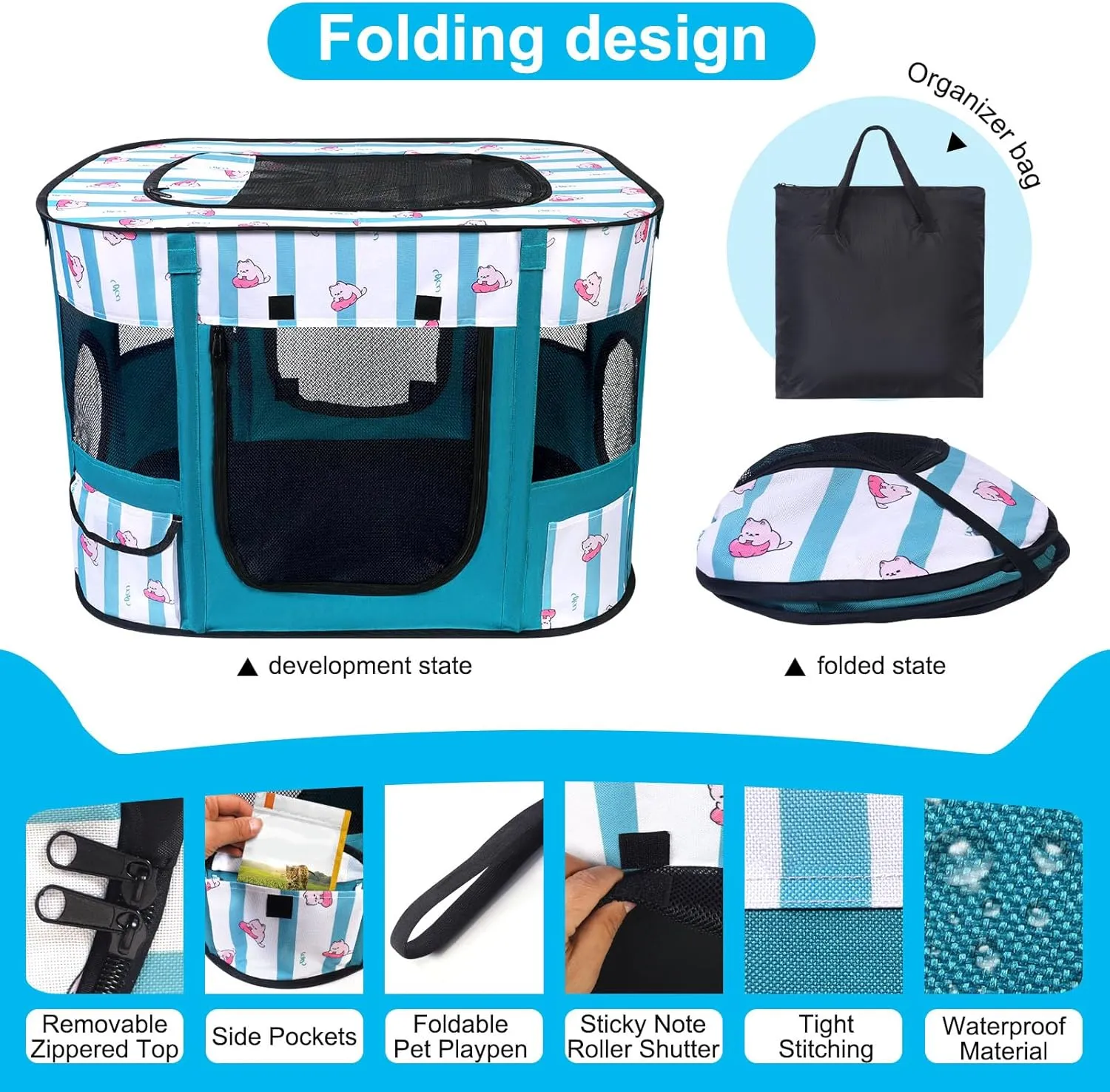 Foldable Dog Playpen Indoor,Expandable Puppy Playpen,Portable Pet Playpen for Small Animals,Waterproof Exercise Kennel Tent Crate for Travel,Camping, Home & Outdoor Use