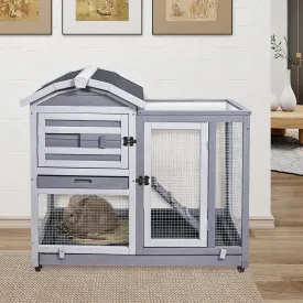 GEGURI Rabbit Hutch Indoor Outdoor, Bunny Cages Wooden Pet House for Guinea Pig with Wheels, Removable Tray, Ramp