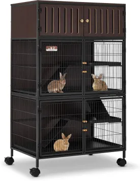 HABUTWAY 50''H Metal Large Ferret Cage, Rolling Chinchilla Cage with Removable Ramps& Double Door, Critter Nation with Locker, Rat Cage Indoor Wooden Pet Crate Furniture