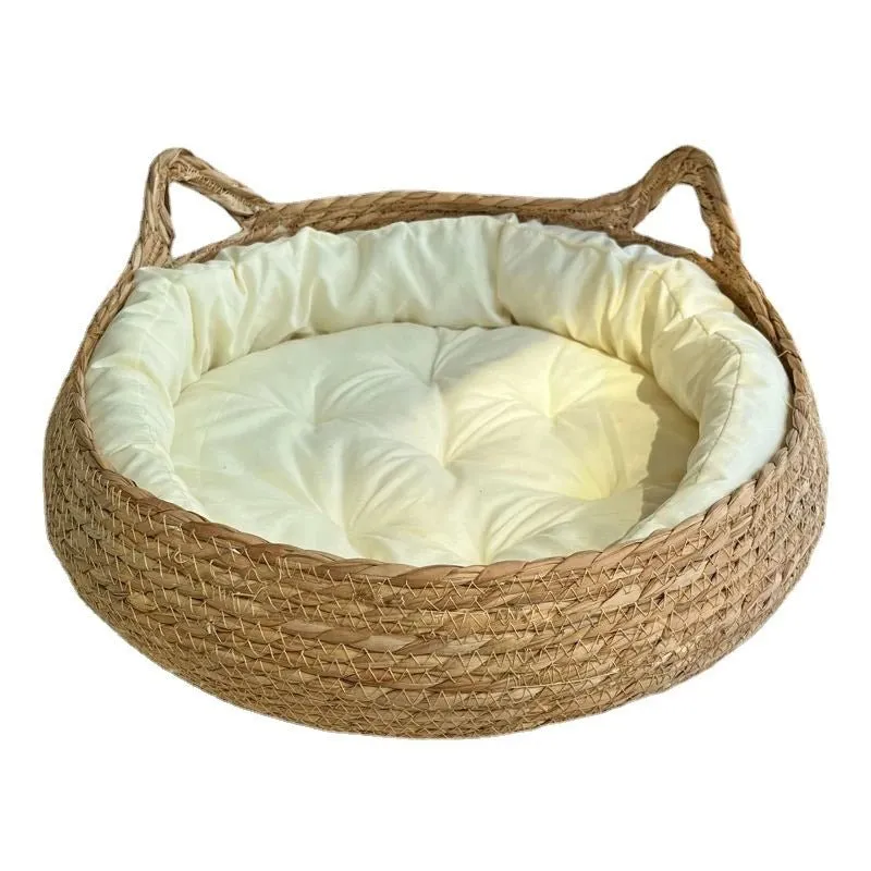 Handwoven Rattan Cat Bed – Cozy Scratch-Resistant Nest with Detachable, Washable Warmth Pad for Winter Comfort