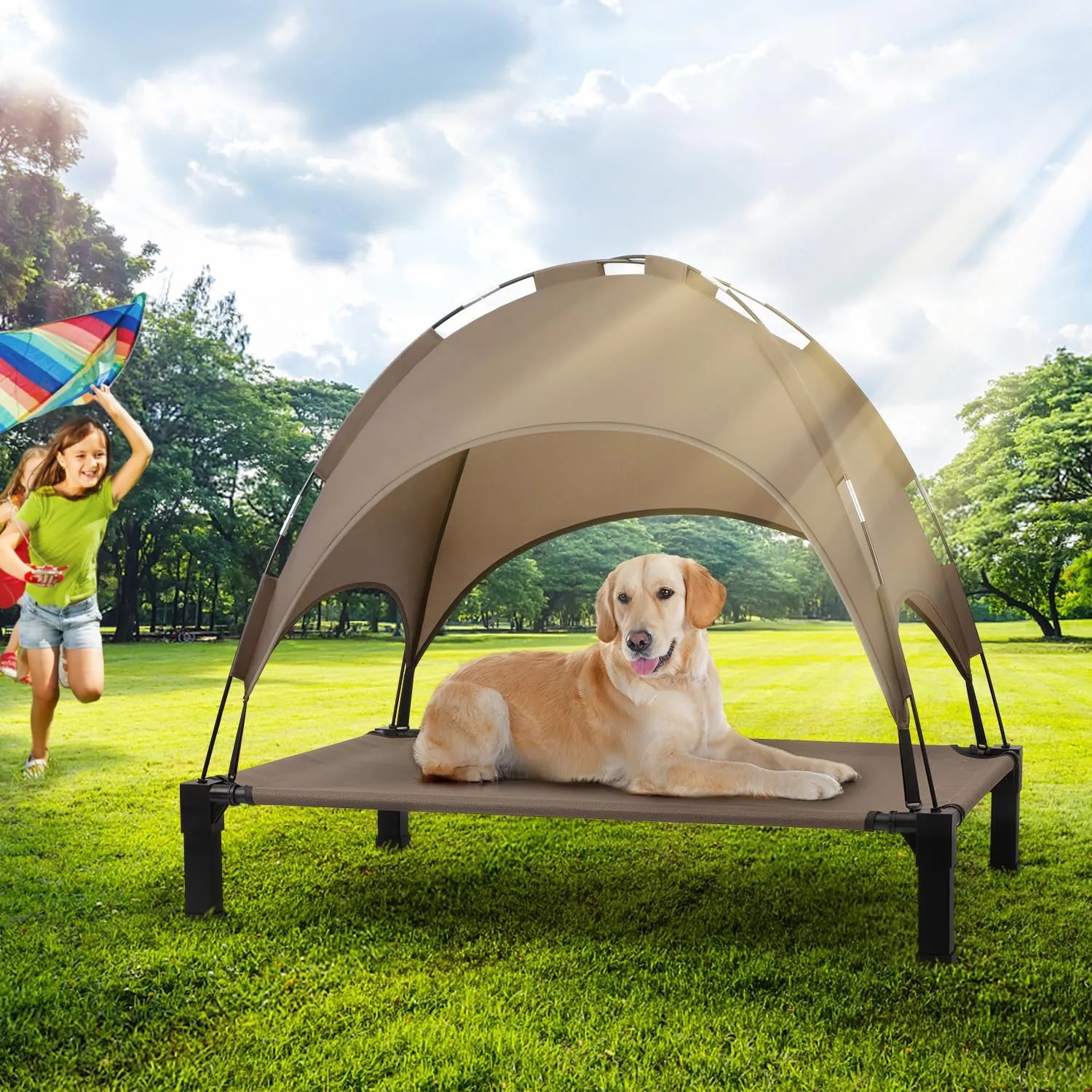 Heeyoo Elevated Dog Bed with Canopy, Outdoor Dog Bed Cot with Removable Shade Tent, Portable Raised Pet Cot Cooling Bed for Dogs and Cats, Brown