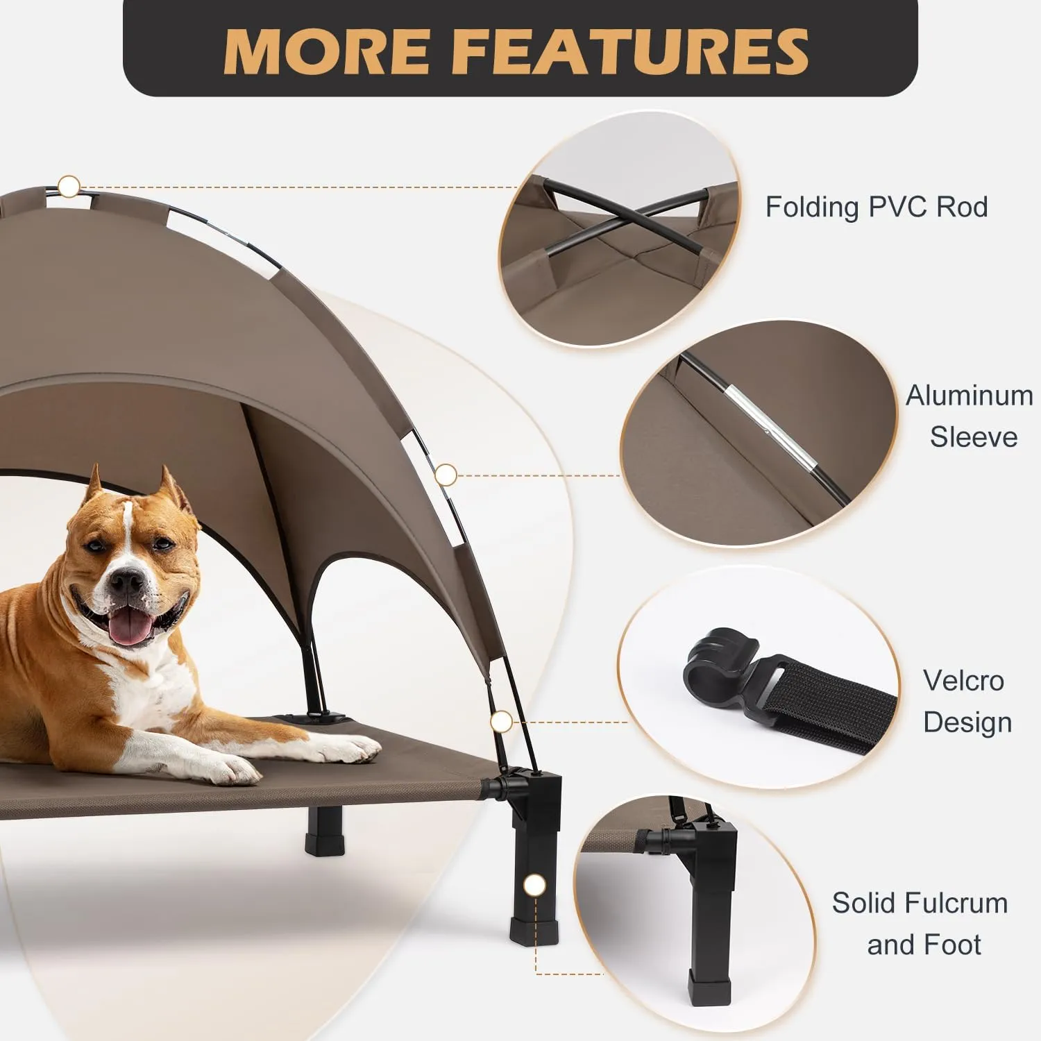 Heeyoo Elevated Dog Bed with Canopy, Outdoor Dog Bed Cot with Removable Shade Tent, Portable Raised Pet Cot Cooling Bed for Dogs and Cats, Brown