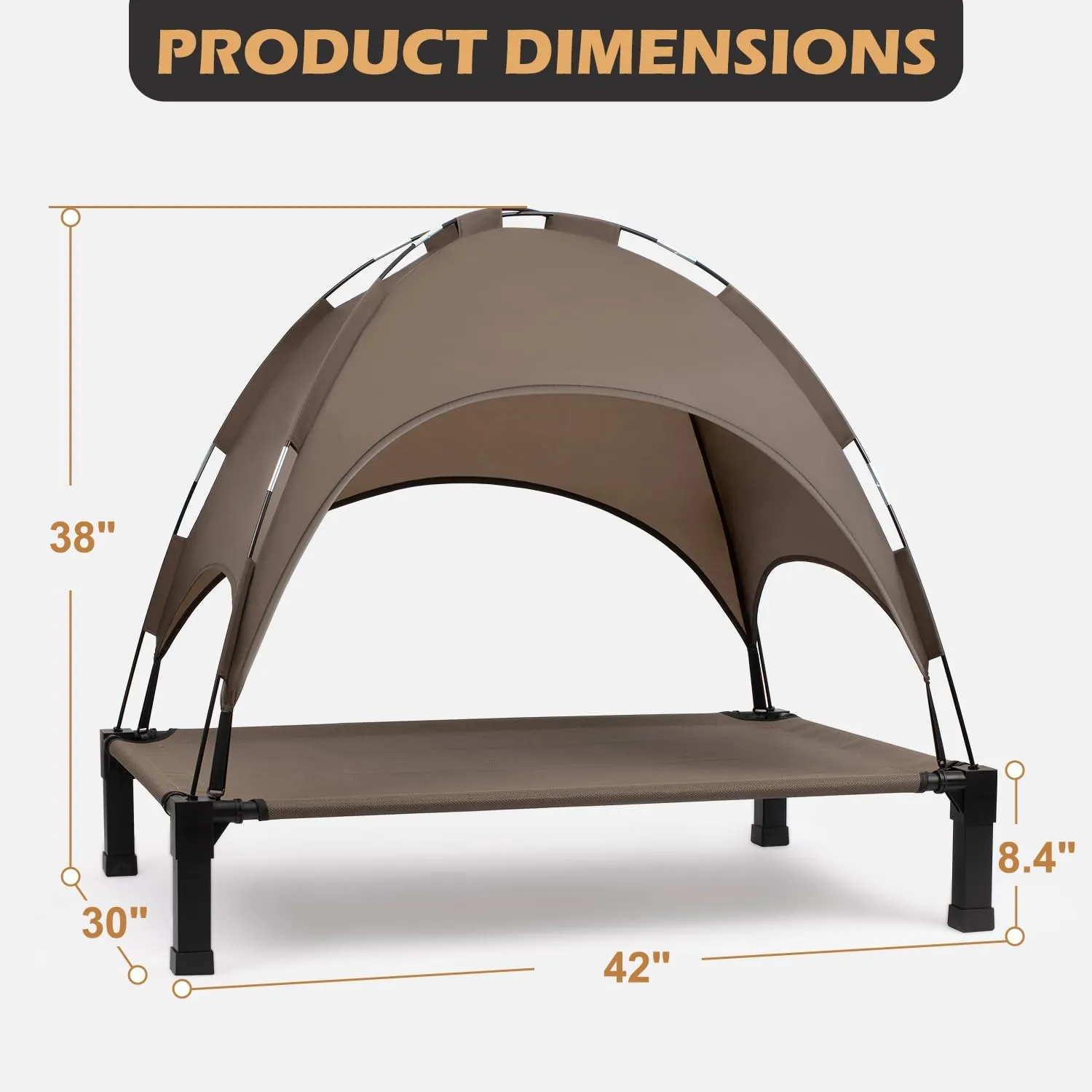 Heeyoo Elevated Dog Bed with Canopy, Outdoor Dog Bed Cot with Removable Shade Tent, Portable Raised Pet Cot Cooling Bed for Dogs and Cats, Brown