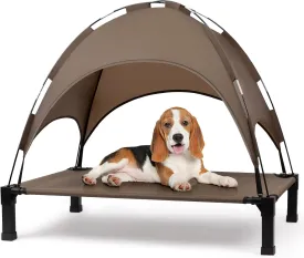 Heeyoo Elevated Dog Bed with Canopy, Outdoor Dog Bed Cot with Removable Shade Tent, Portable Raised Pet Cot Cooling Bed for Dogs and Cats, Brown