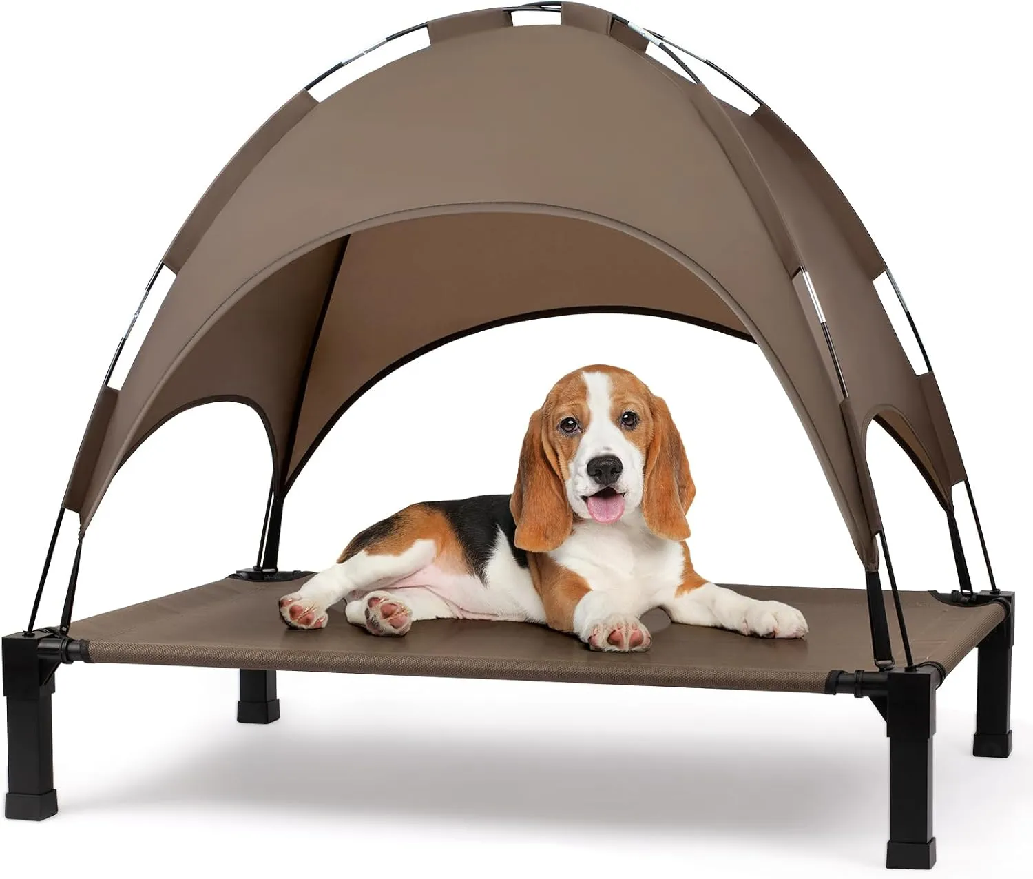 Heeyoo Elevated Dog Bed with Canopy, Outdoor Dog Bed Cot with Removable Shade Tent, Portable Raised Pet Cot Cooling Bed for Dogs and Cats, Brown