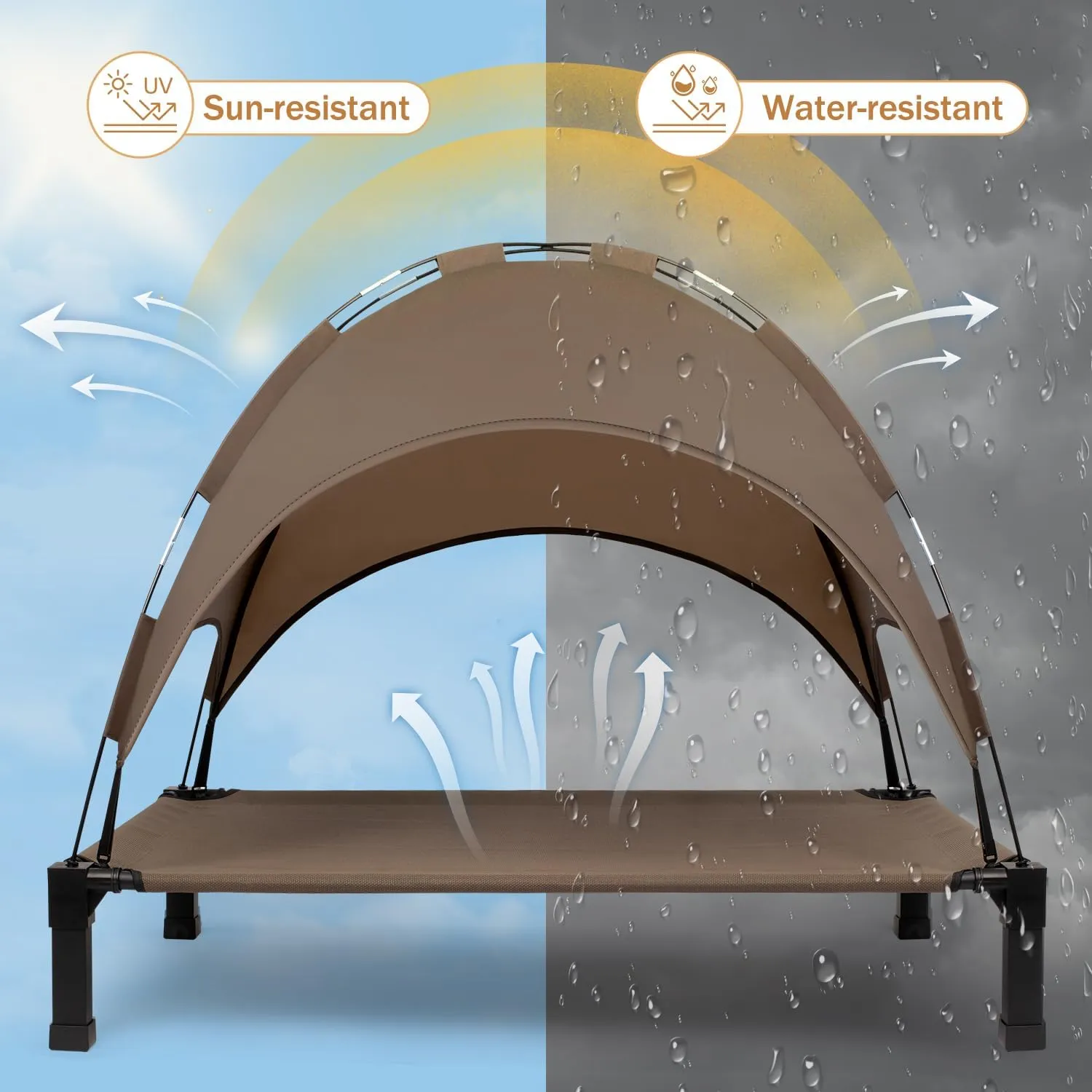 Heeyoo Elevated Dog Bed with Canopy, Outdoor Dog Bed Cot with Removable Shade Tent, Portable Raised Pet Cot Cooling Bed for Dogs and Cats, Brown