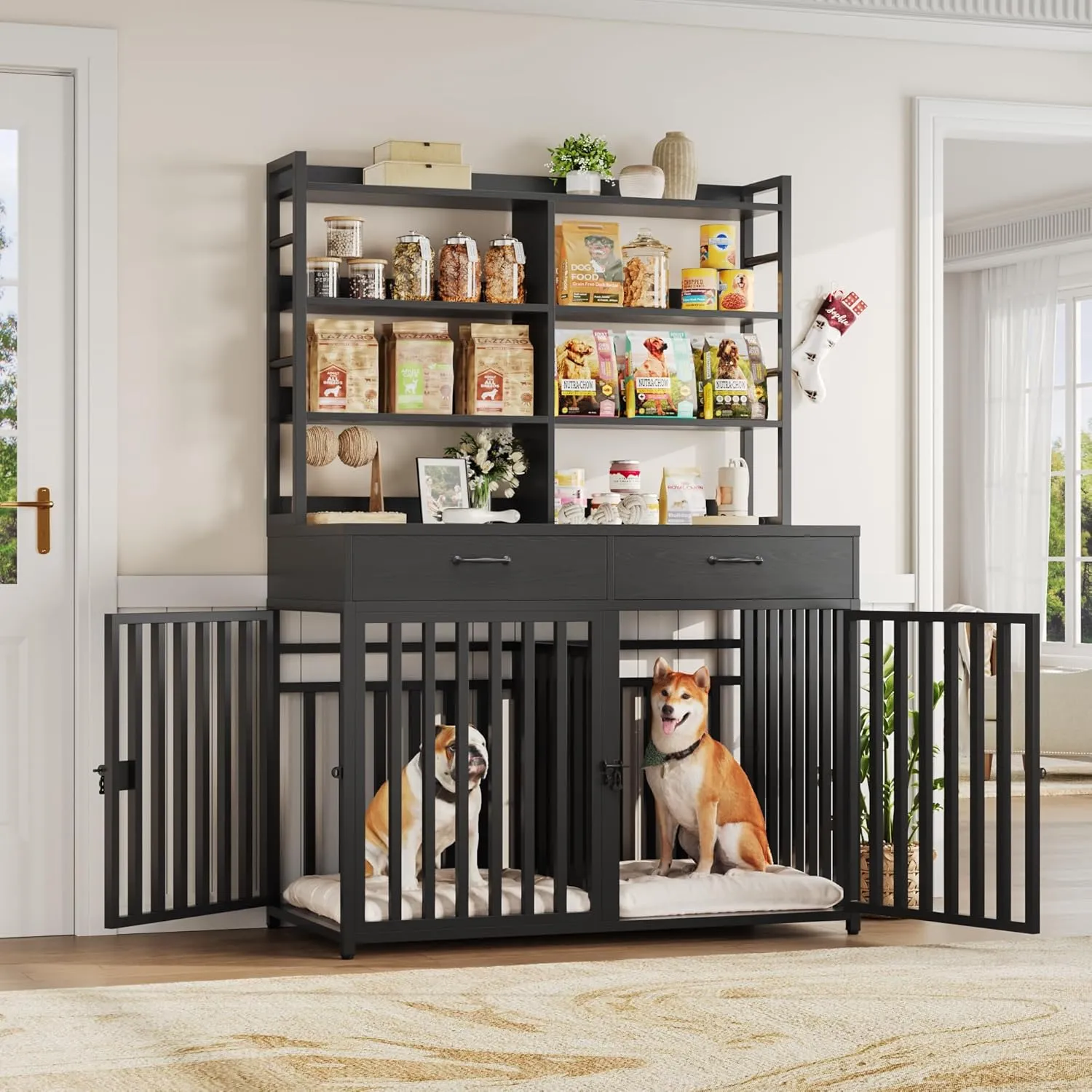 Keyluv 71''H x 47.2''W Large Dog Crate Furniture with 4-Tier Shelves and 2 Storage Drawers, Heavy Duty Dog Cage Furniture with 2 Doors, Wood & Metal Dog Kennel Indoor for Small/Medium/Large Dog, Black