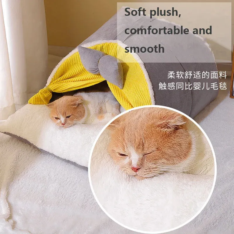 Luxurious Semi-Enclosed Cat Kennel Bed - Teepee Tent Style, Warm Breathable Mattress, Cute Decorative, PP Cotton Filling, Suitable for All Seasons