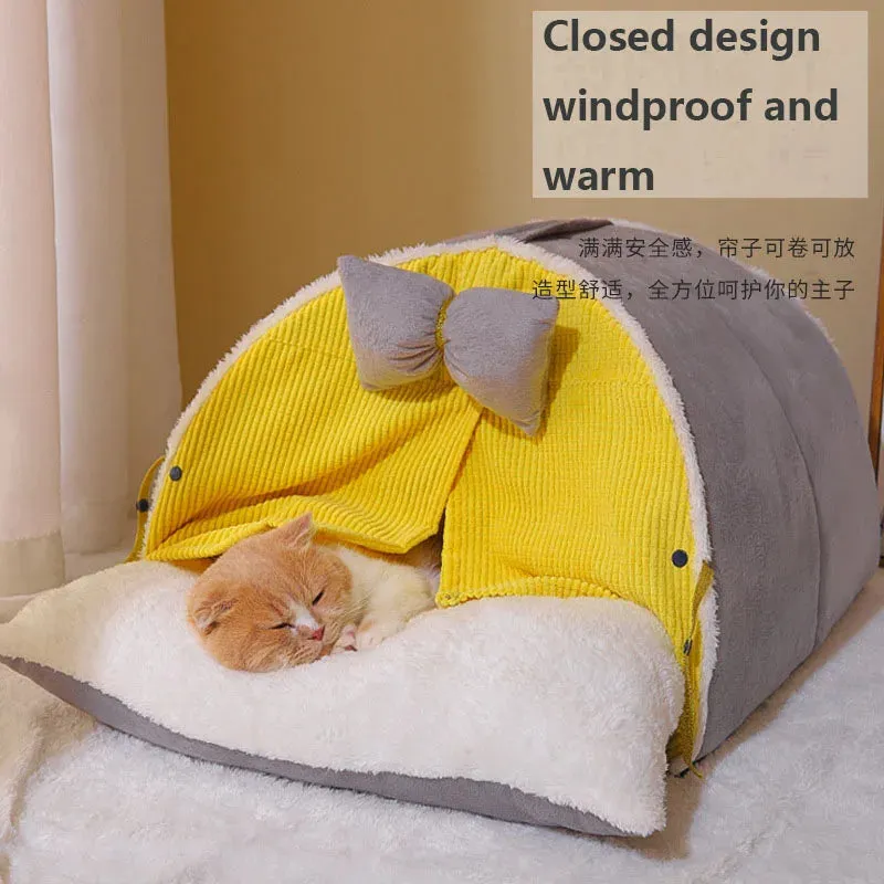 Luxurious Semi-Enclosed Cat Kennel Bed - Teepee Tent Style, Warm Breathable Mattress, Cute Decorative, PP Cotton Filling, Suitable for All Seasons