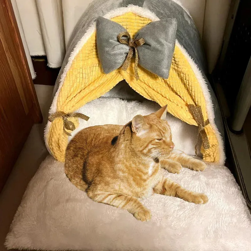 Luxurious Semi-Enclosed Cat Kennel Bed - Teepee Tent Style, Warm Breathable Mattress, Cute Decorative, PP Cotton Filling, Suitable for All Seasons