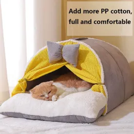 Luxurious Semi-Enclosed Cat Kennel Bed - Teepee Tent Style, Warm Breathable Mattress, Cute Decorative, PP Cotton Filling, Suitable for All Seasons