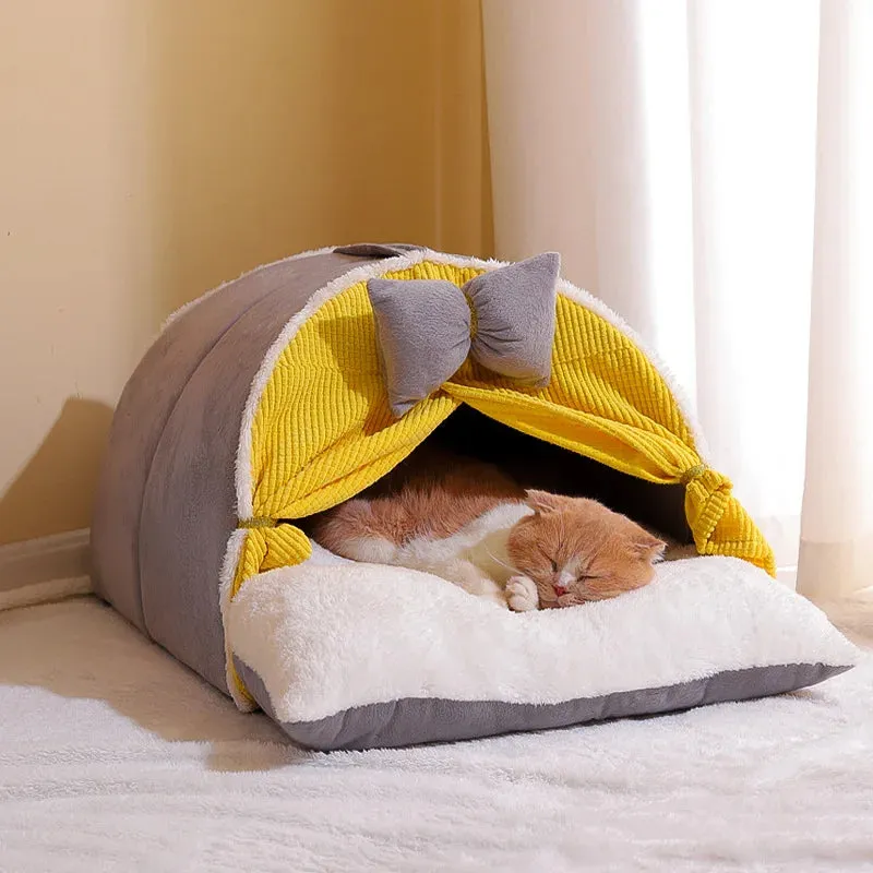 Luxurious Semi-Enclosed Cat Kennel Bed - Teepee Tent Style, Warm Breathable Mattress, Cute Decorative, PP Cotton Filling, Suitable for All Seasons