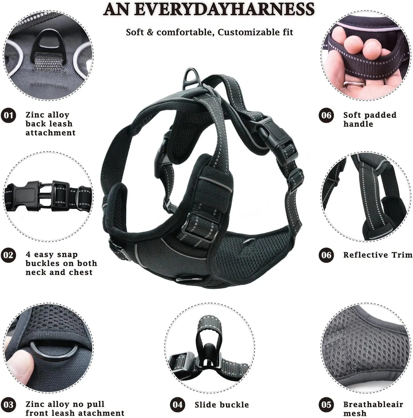 No Pull Dog Harness, Reflective Comfortable Vest Harness with Front & Back Easy Control Handle Adjustable Soft Padded Pet Vest for Small to Large Dogs (Large,Black)