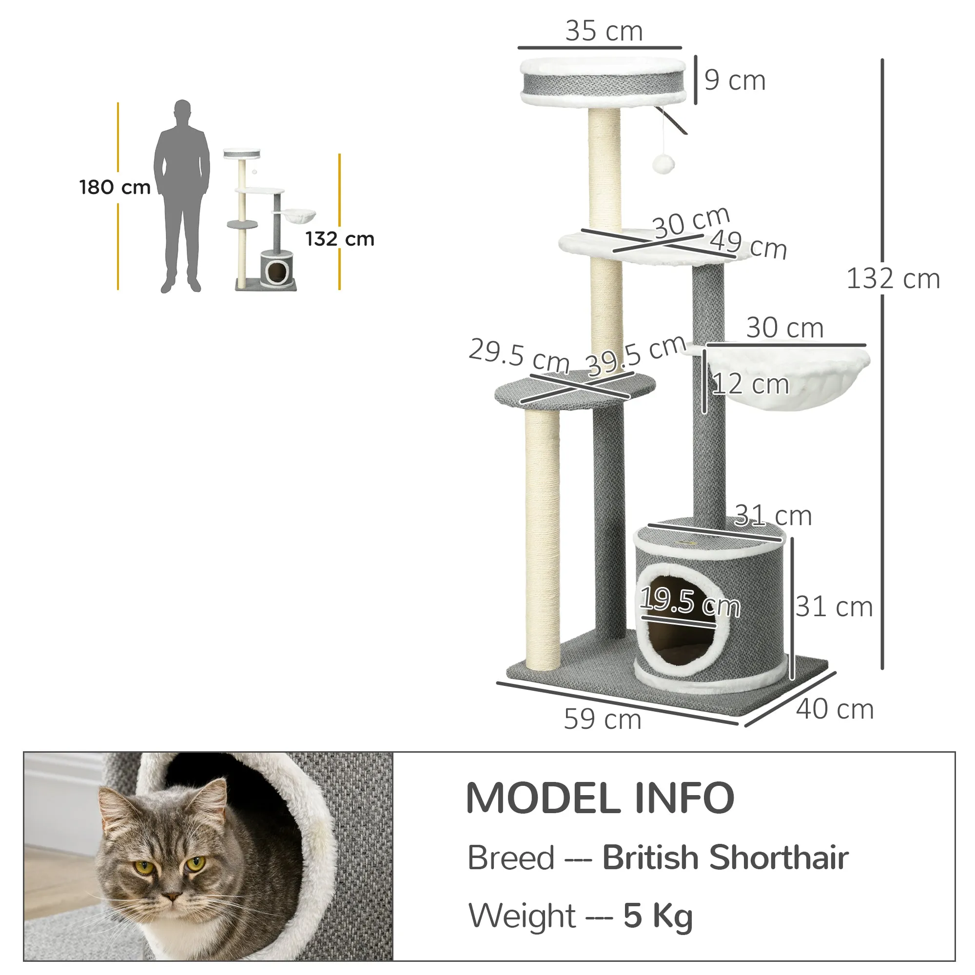 PawHut 132cm Cat Tree with Scratching Post, Bed, Hammock, House, Platforms