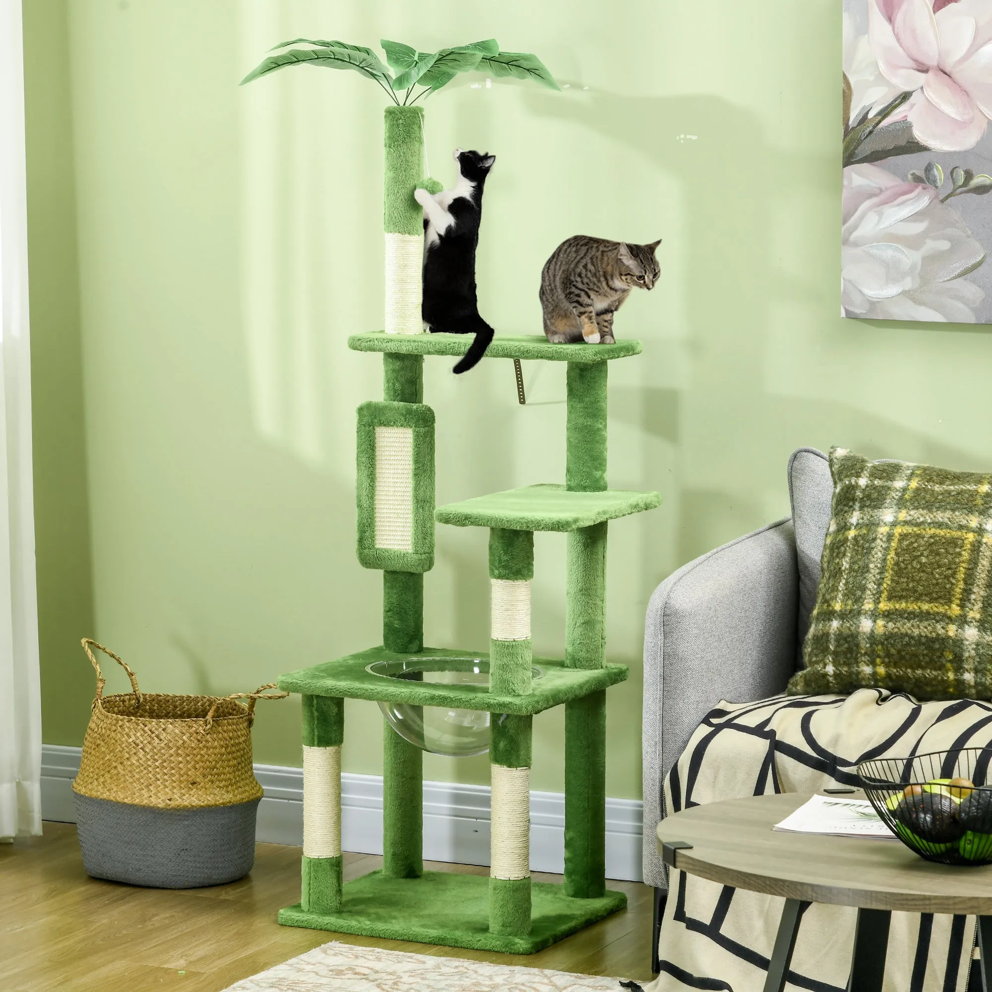 PawHut 142cm Cat Tree Tower w/ Scratching Post, Hammock, Ball, Platforms, Green