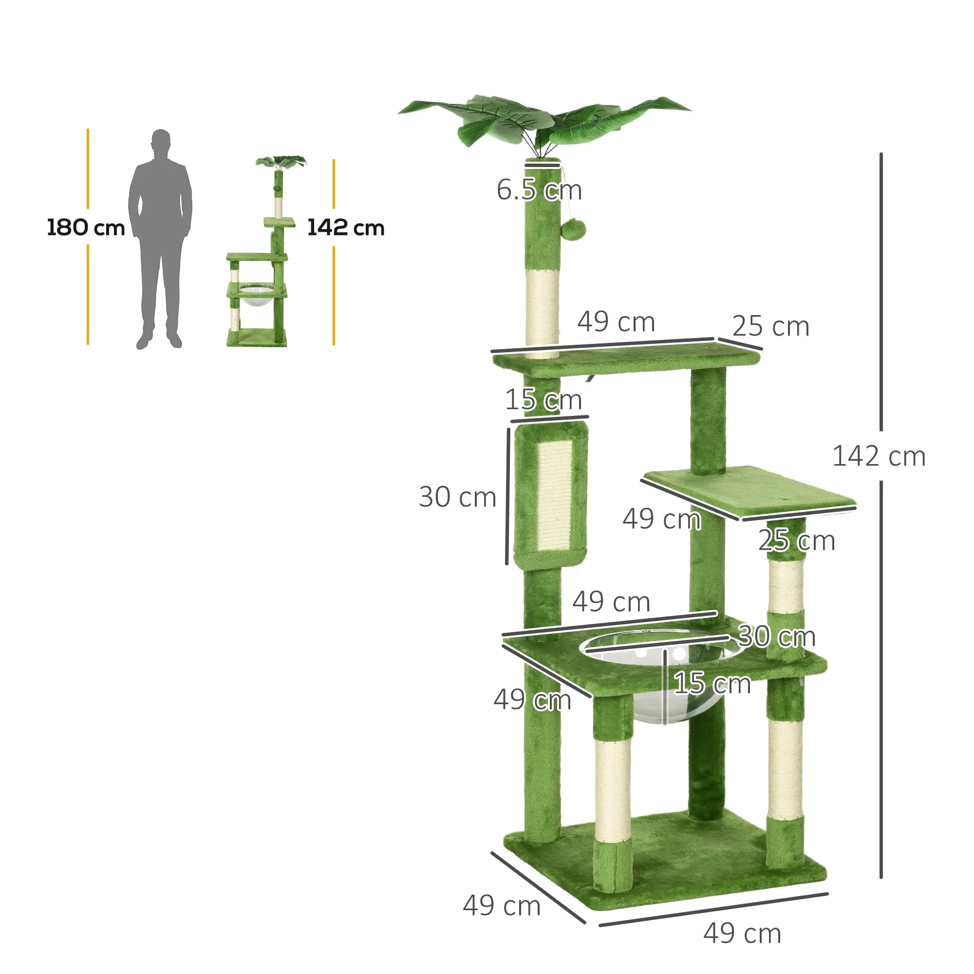 PawHut 142cm Cat Tree Tower w/ Scratching Post, Hammock, Ball, Platforms, Green