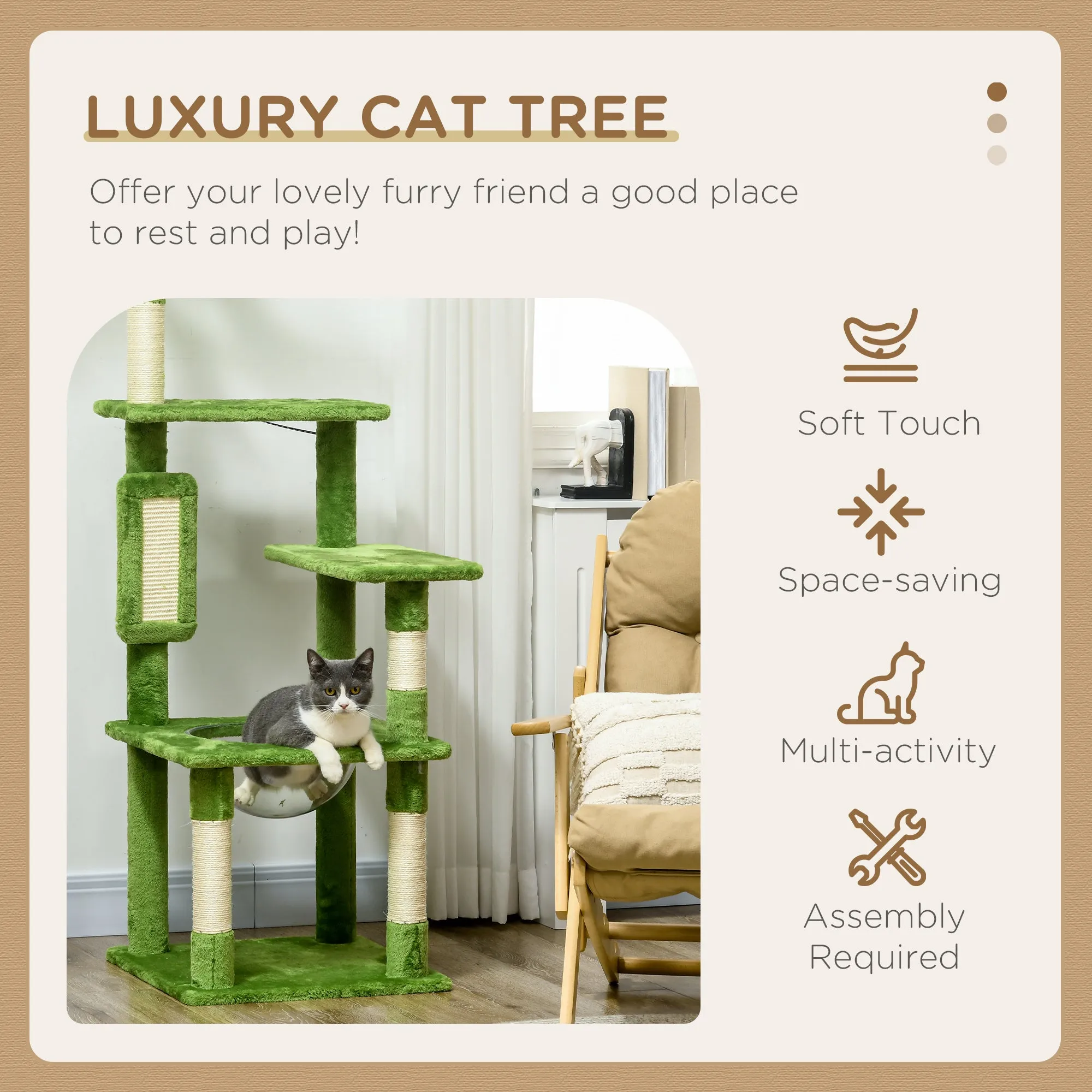 PawHut 142cm Cat Tree Tower w/ Scratching Post, Hammock, Ball, Platforms, Green