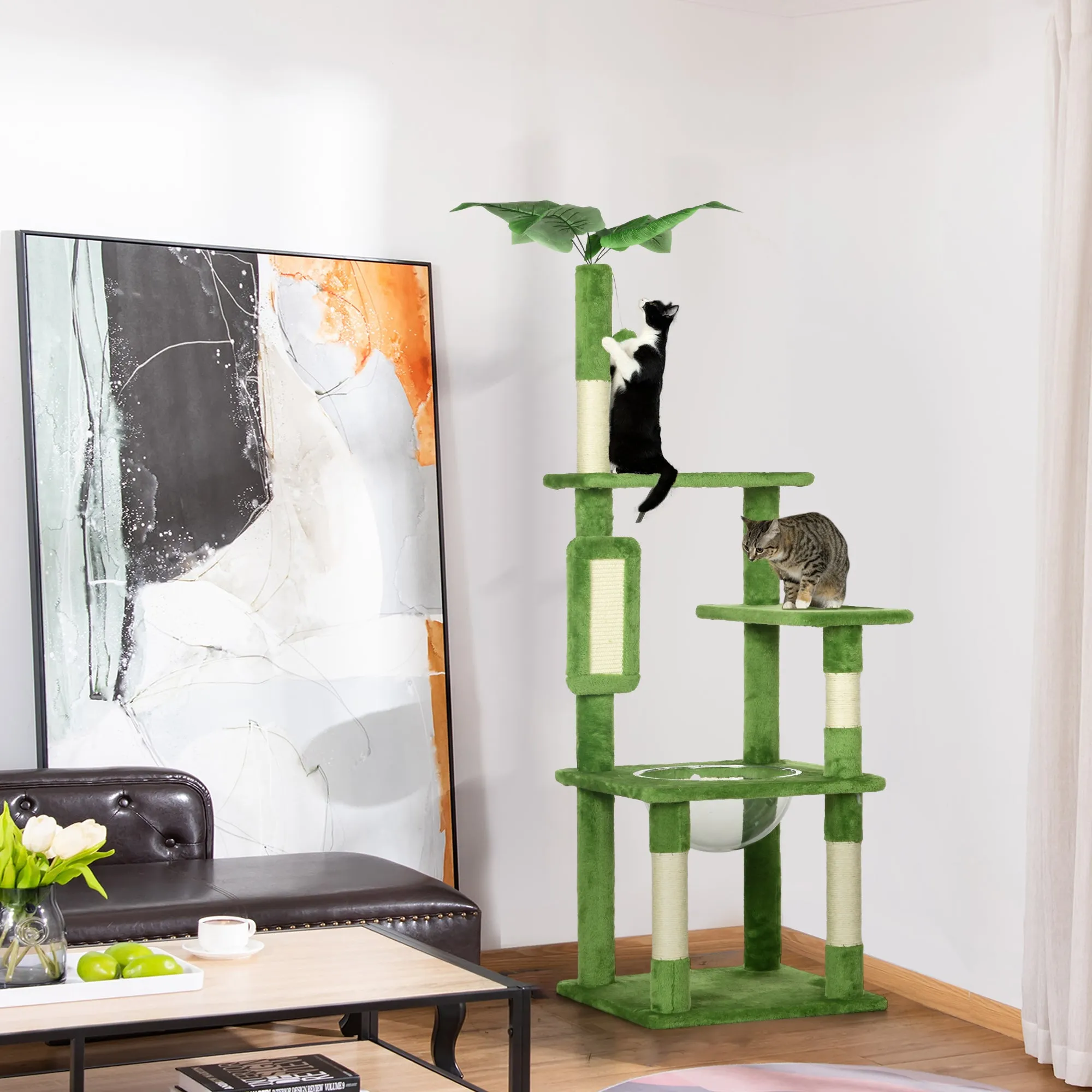 PawHut 142cm Cat Tree Tower w/ Scratching Post, Hammock, Ball, Platforms, Green
