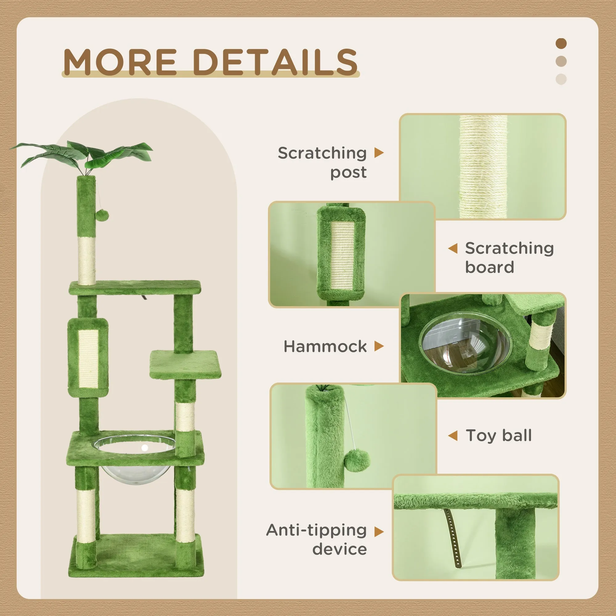 PawHut 142cm Cat Tree Tower w/ Scratching Post, Hammock, Ball, Platforms, Green