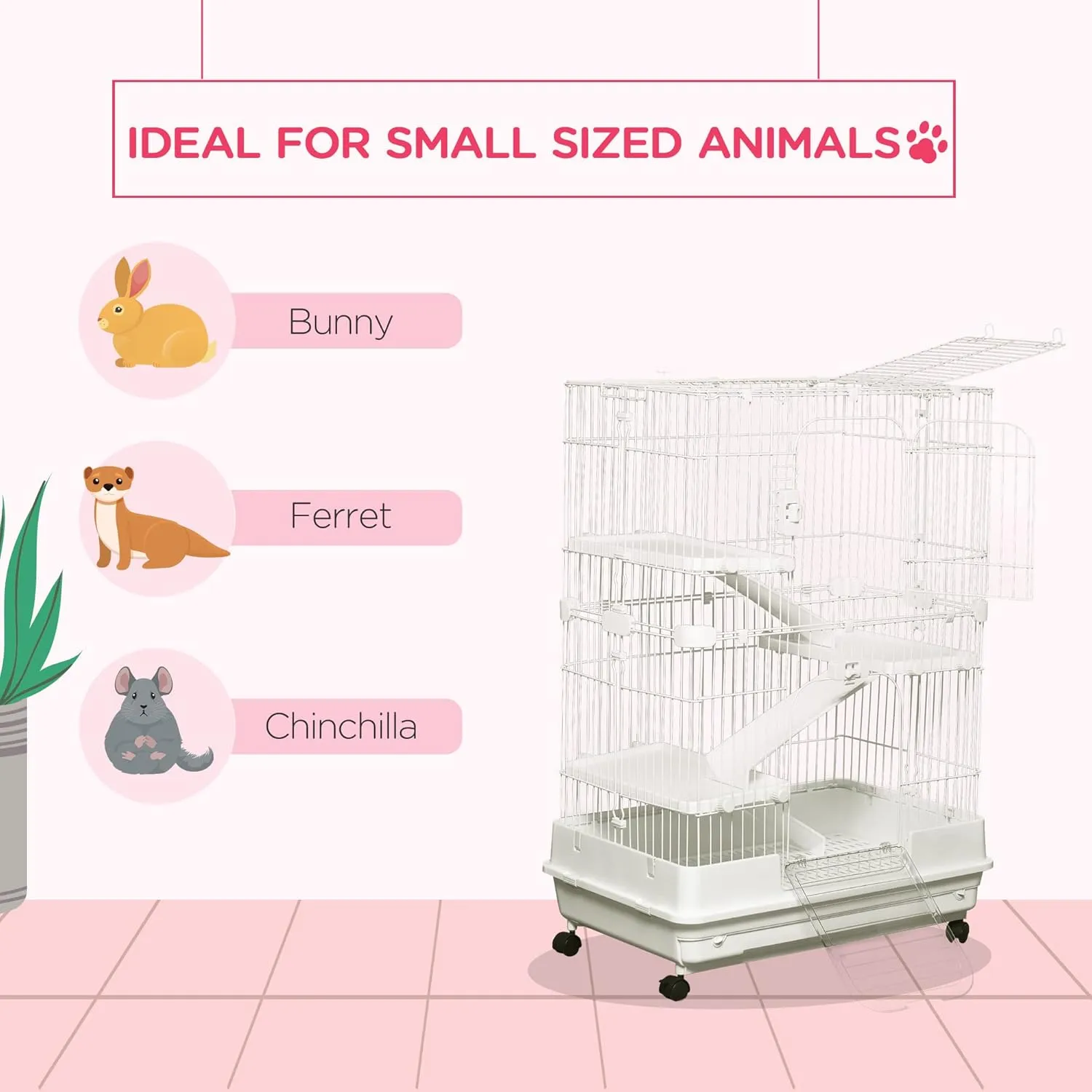 PawHut 4-Level Small Animal Cage Rabbit Hutch with Wheels, Removable Tray, Platform and Ramp for Bunny, Chinchillas, Ferret, White