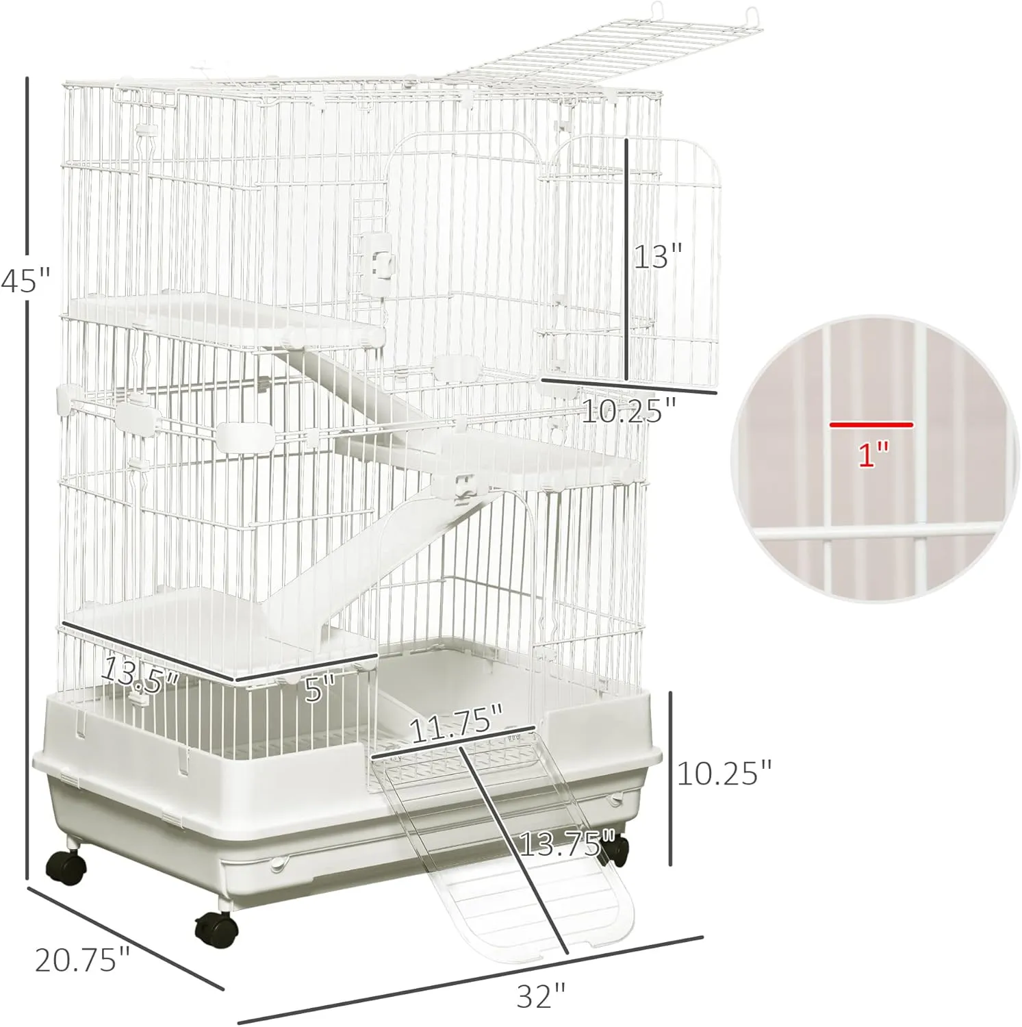 PawHut 4-Level Small Animal Cage Rabbit Hutch with Wheels, Removable Tray, Platform and Ramp for Bunny, Chinchillas, Ferret, White