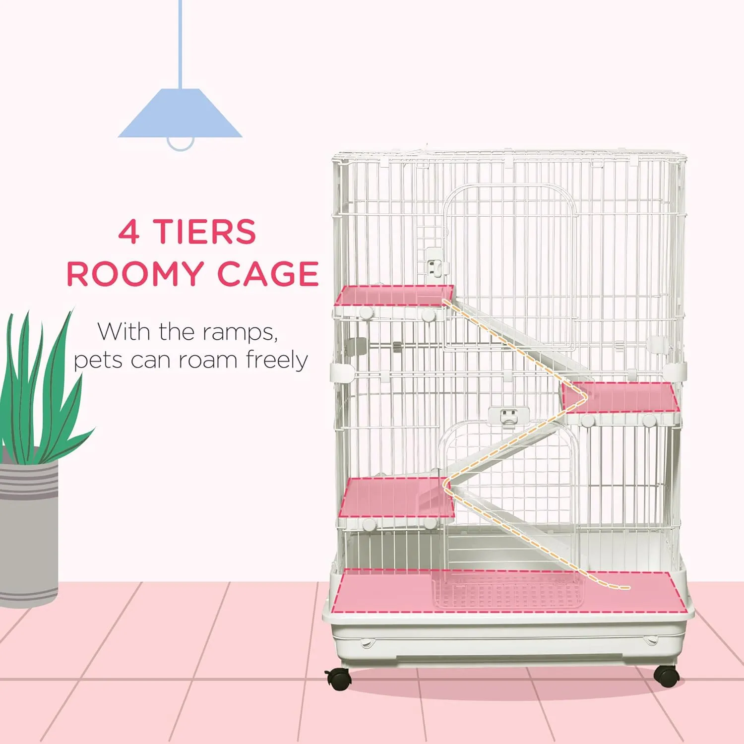 PawHut 4-Level Small Animal Cage Rabbit Hutch with Wheels, Removable Tray, Platform and Ramp for Bunny, Chinchillas, Ferret, White