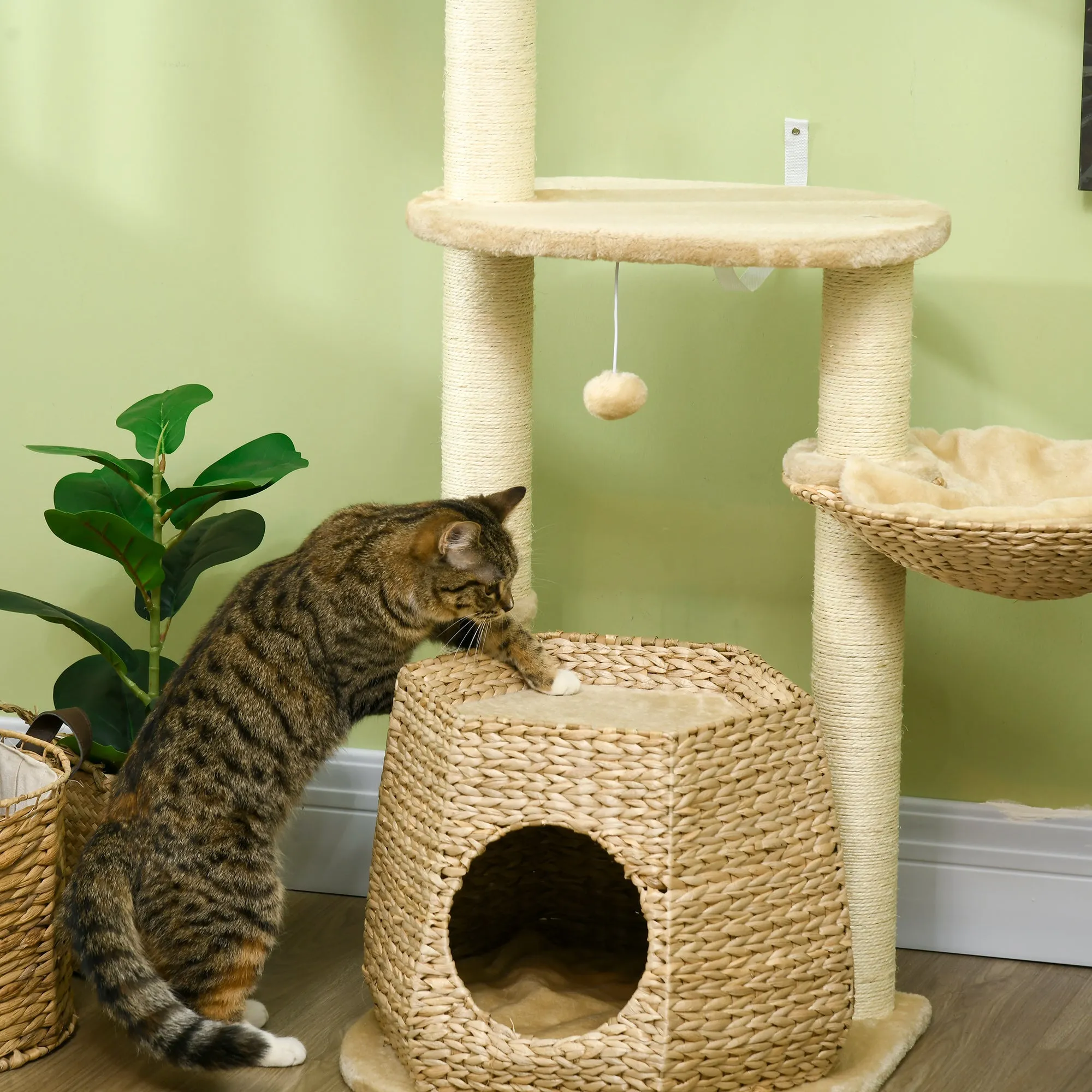 PawHut Cat Tree Activity Centre with Cattail Fluff Bed House Sisal Post Ball