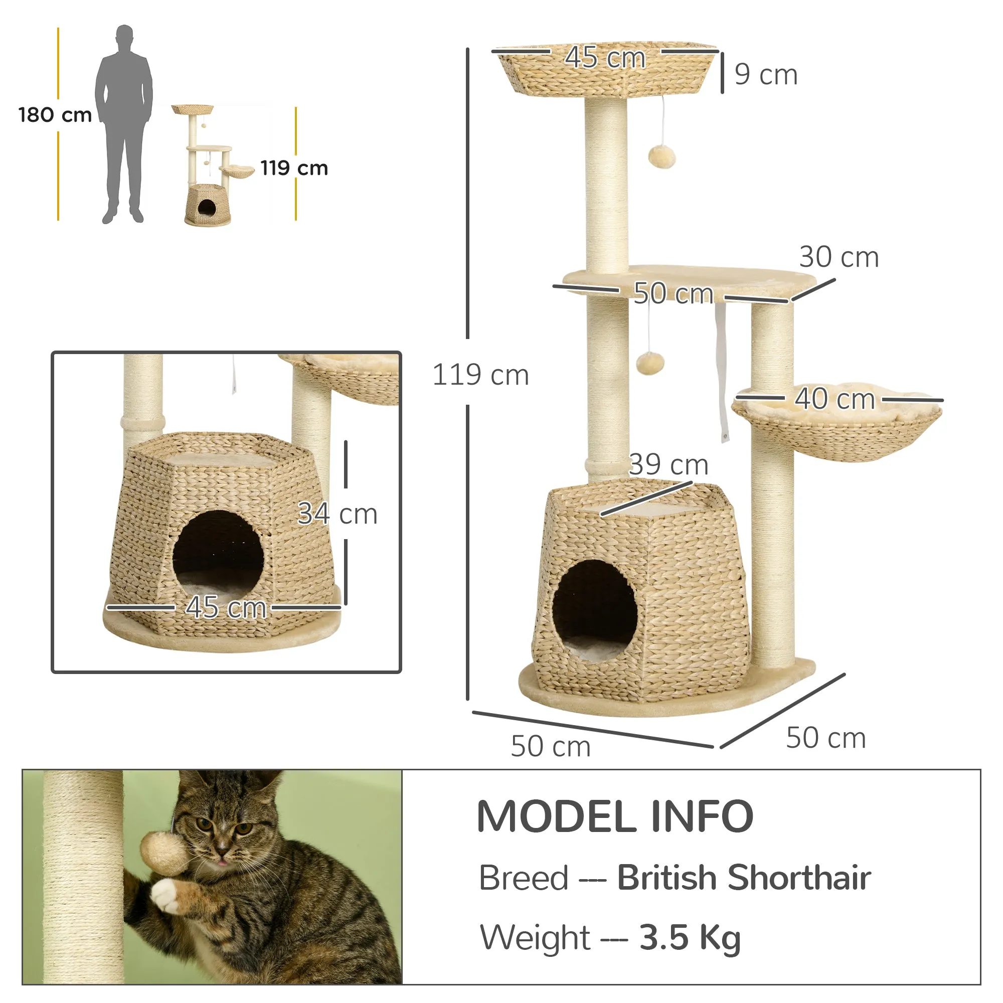 PawHut Cat Tree Activity Centre with Cattail Fluff Bed House Sisal Post Ball