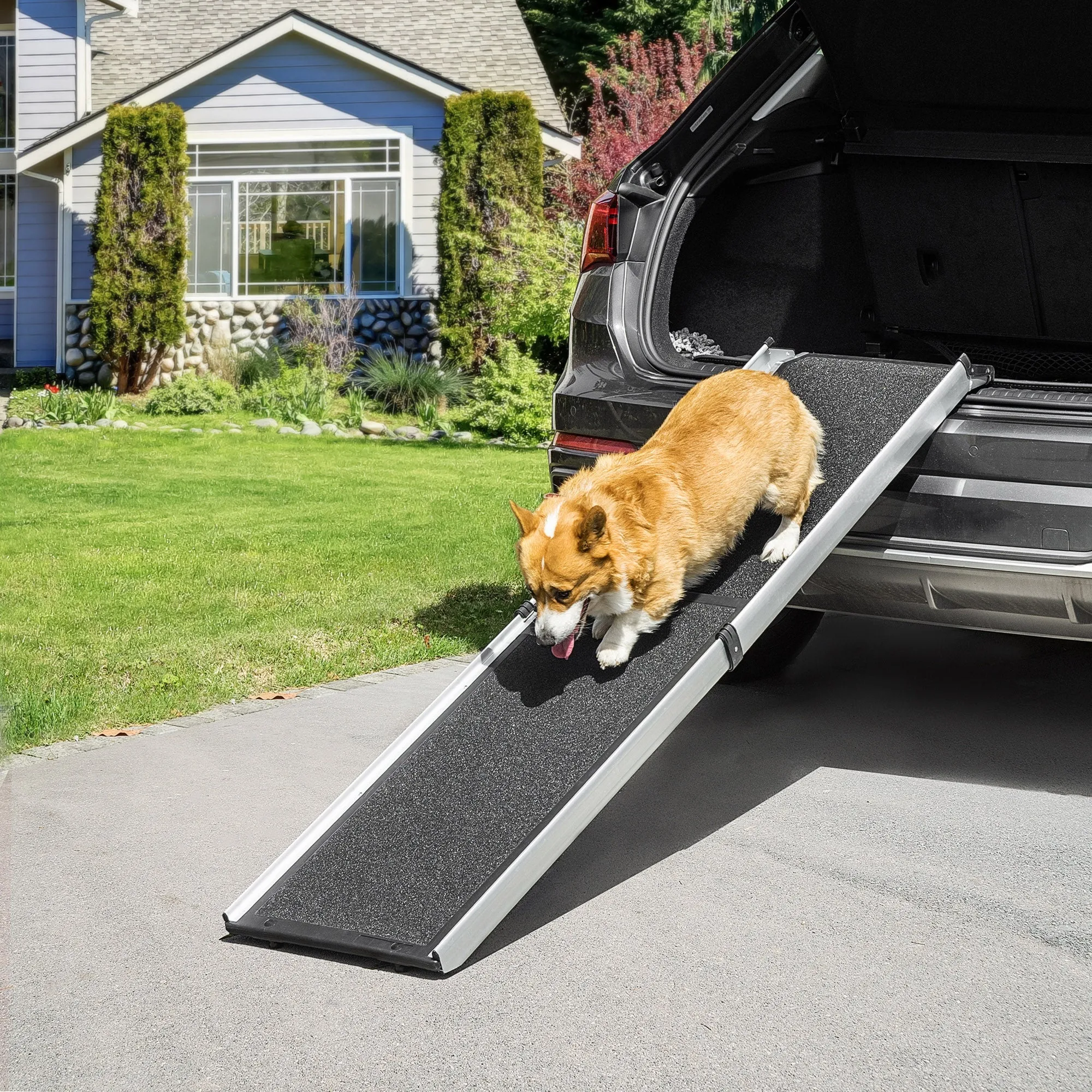 PawHut Dog Ramp for Car Telescoping Pet Ramp w/ Handle, Aluminium Frame Non-Slip