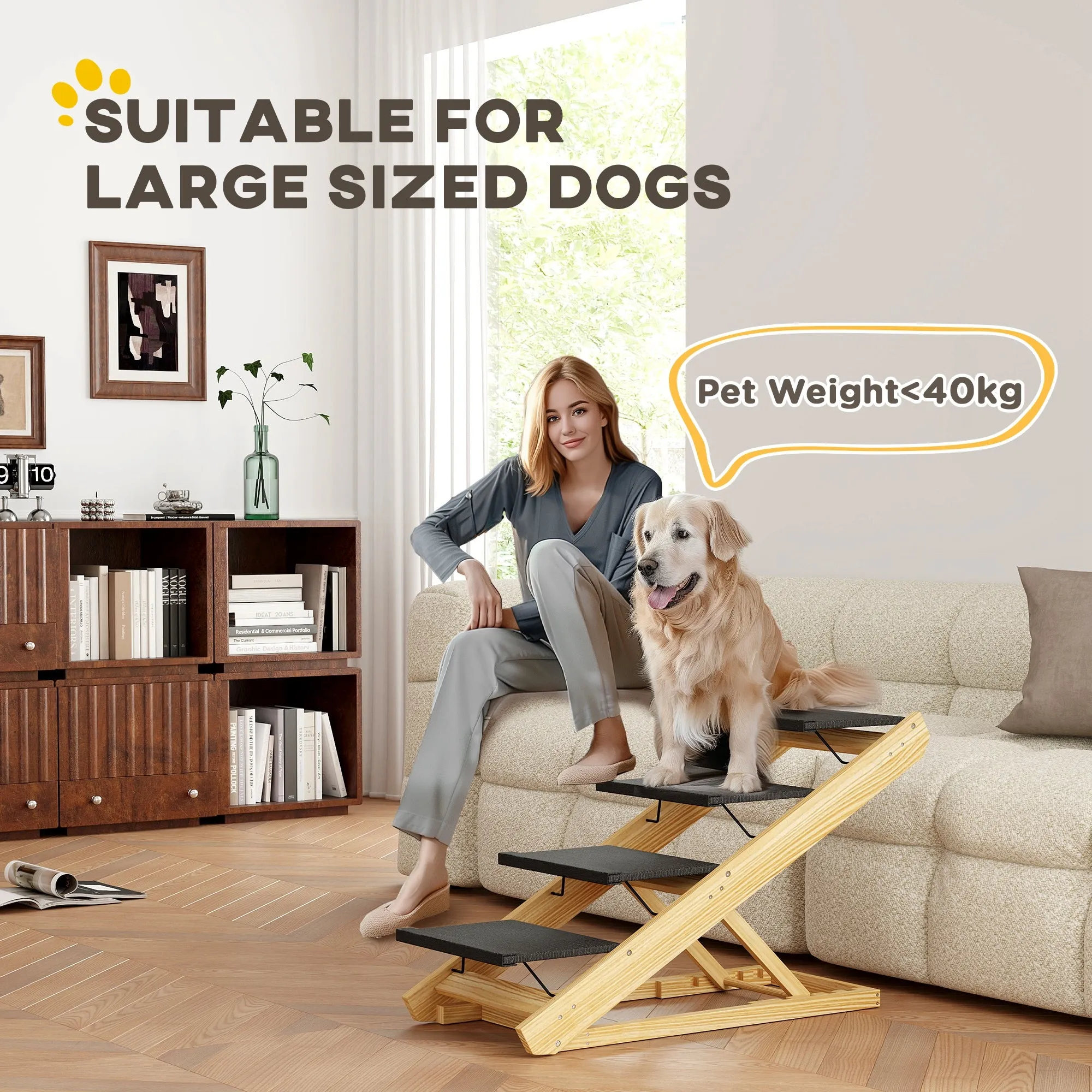 PawHut Dog Steps Dog Ramp, 4-Step Adjustable Height Pet Stairs for Large Dogs