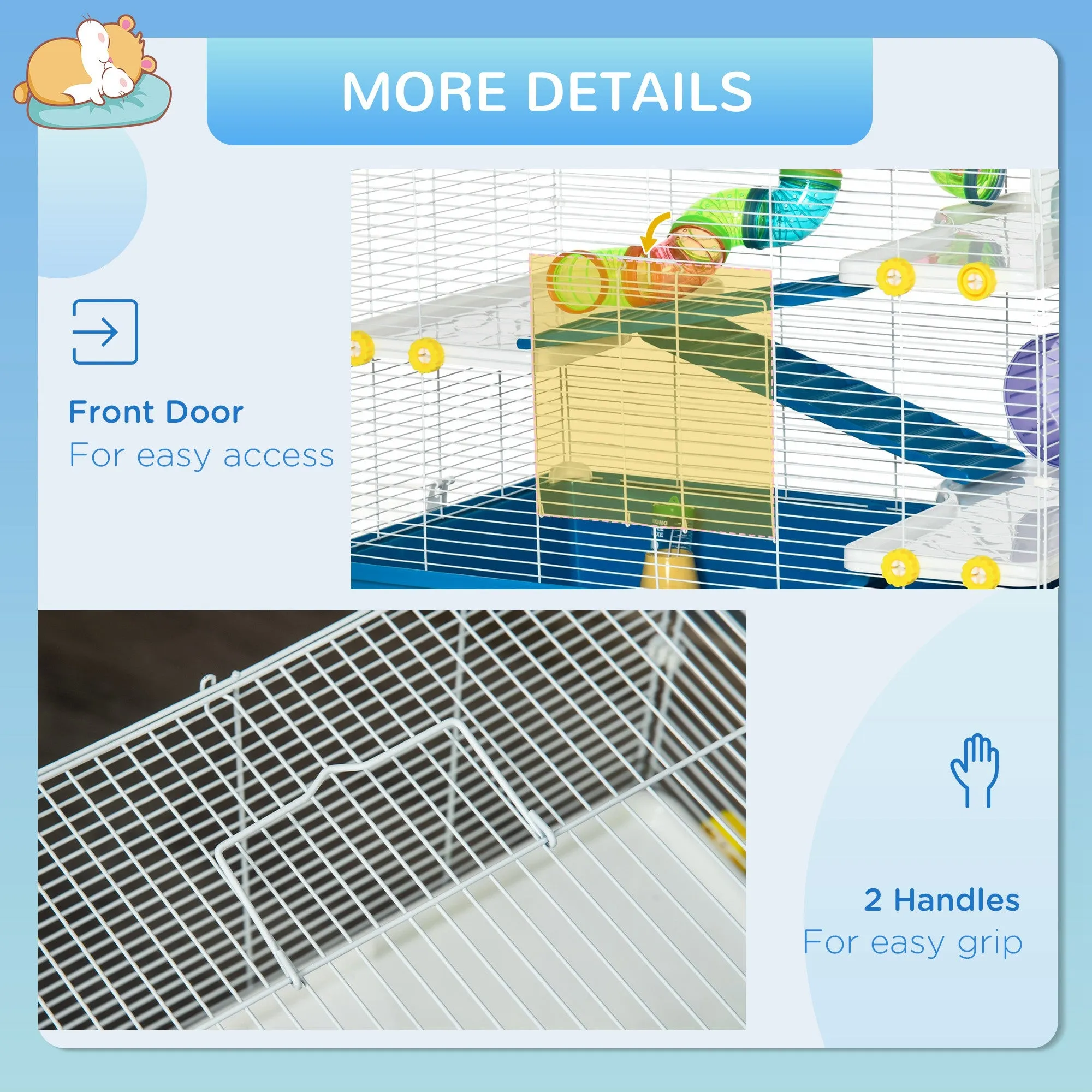 PawHut Large Hamster Cage w/ Water Bottle, Exercise Wheel, Ramps - Blue