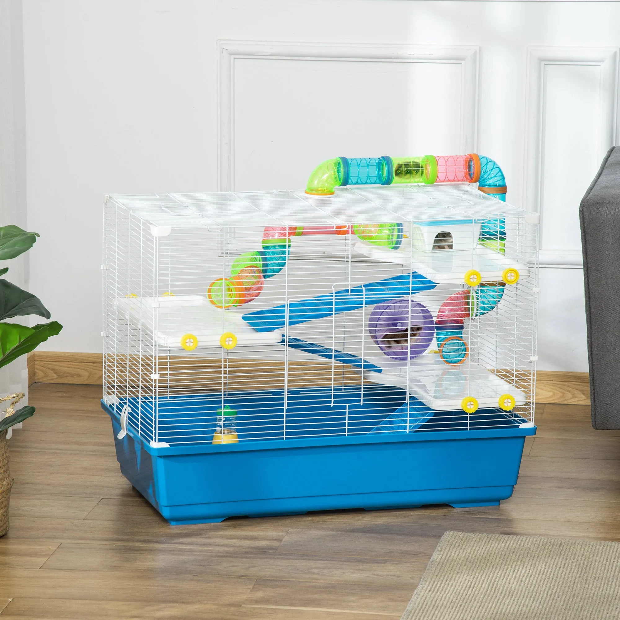 PawHut Large Hamster Cage w/ Water Bottle, Exercise Wheel, Ramps - Blue