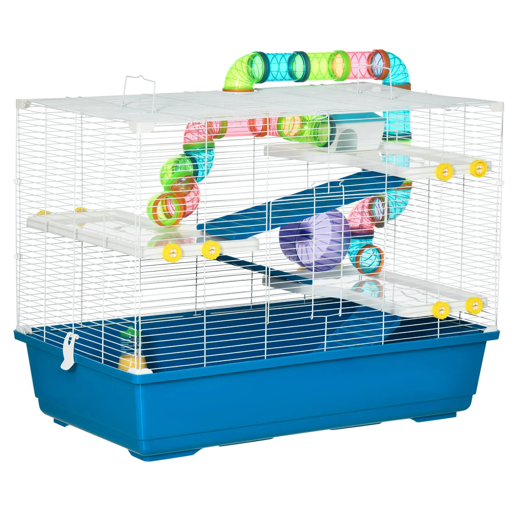 PawHut Large Hamster Cage w/ Water Bottle, Exercise Wheel, Ramps - Blue