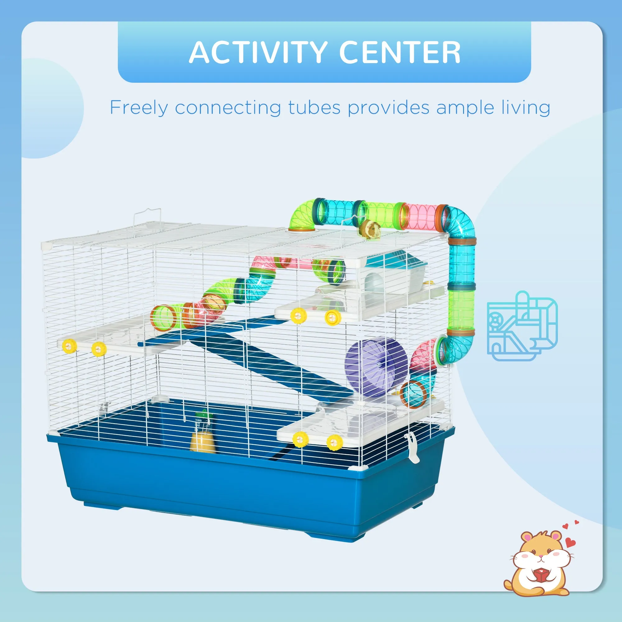 PawHut Large Hamster Cage w/ Water Bottle, Exercise Wheel, Ramps - Blue