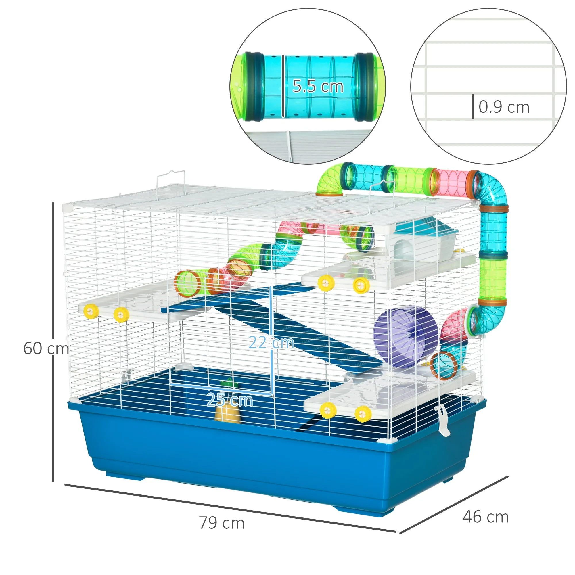 PawHut Large Hamster Cage w/ Water Bottle, Exercise Wheel, Ramps - Blue