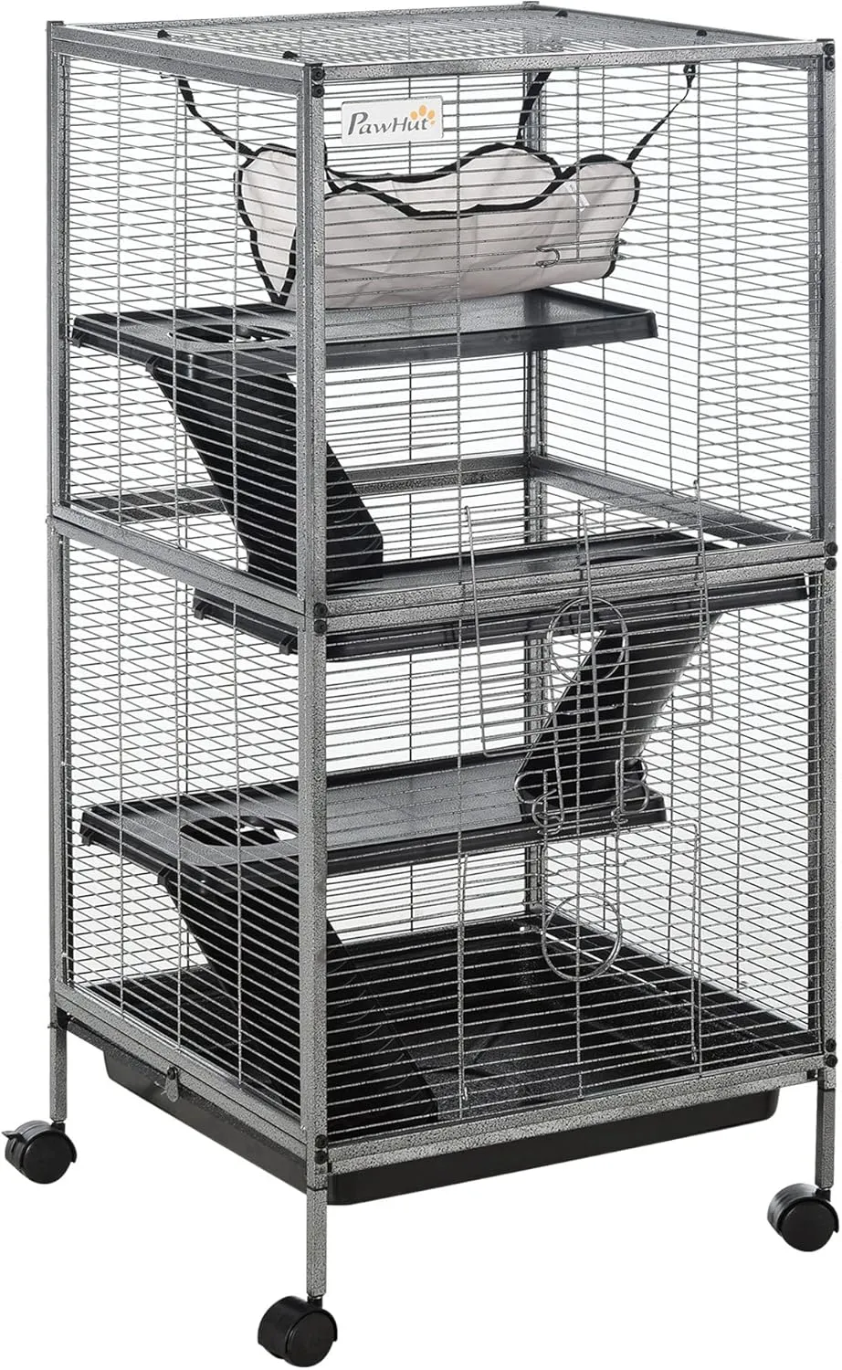 PawHut Metal Small Animal Cage Rolling Big for Ferret, Chinchilla, Sugar Glider, With Hammock & 4 Tiers, Removable Tray, Gray