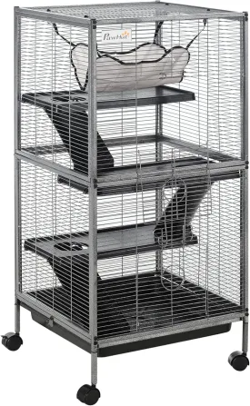 PawHut Metal Small Animal Cage Rolling Big for Ferret, Chinchilla, Sugar Glider, With Hammock & 4 Tiers, Removable Tray, Gray