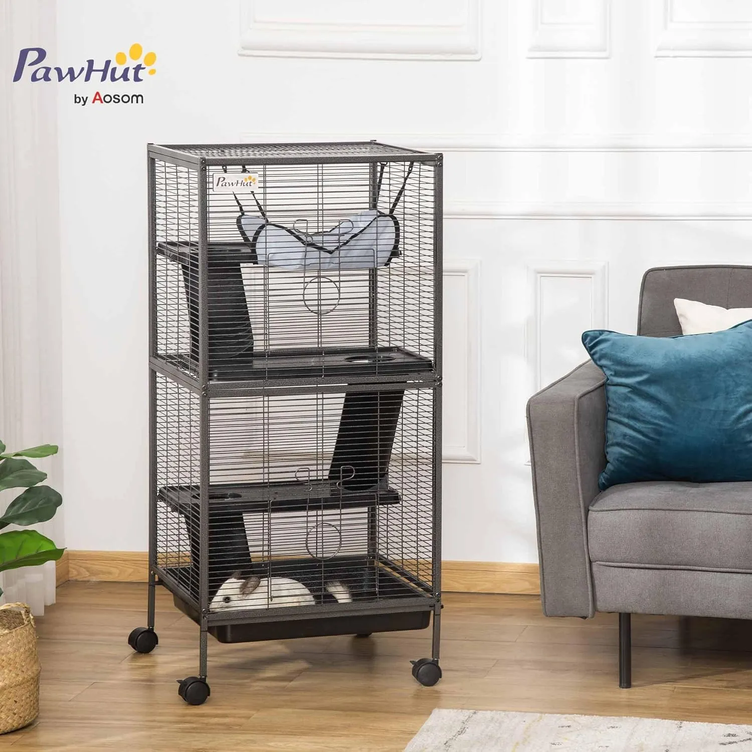 PawHut Metal Small Animal Cage Rolling Big for Ferret, Chinchilla, Sugar Glider, With Hammock & 4 Tiers, Removable Tray, Gray