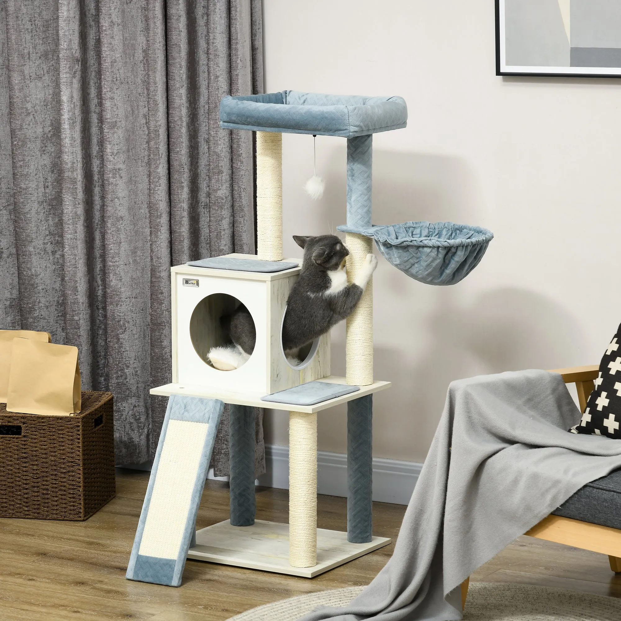 PawHut Wooden Cat Tree for Indoor Cats Cat Tower with Scratching Post,Blue