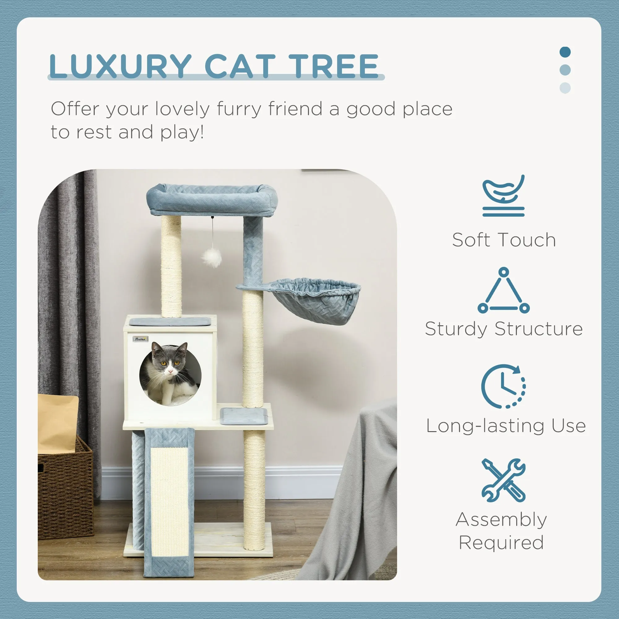 PawHut Wooden Cat Tree for Indoor Cats Cat Tower with Scratching Post,Blue