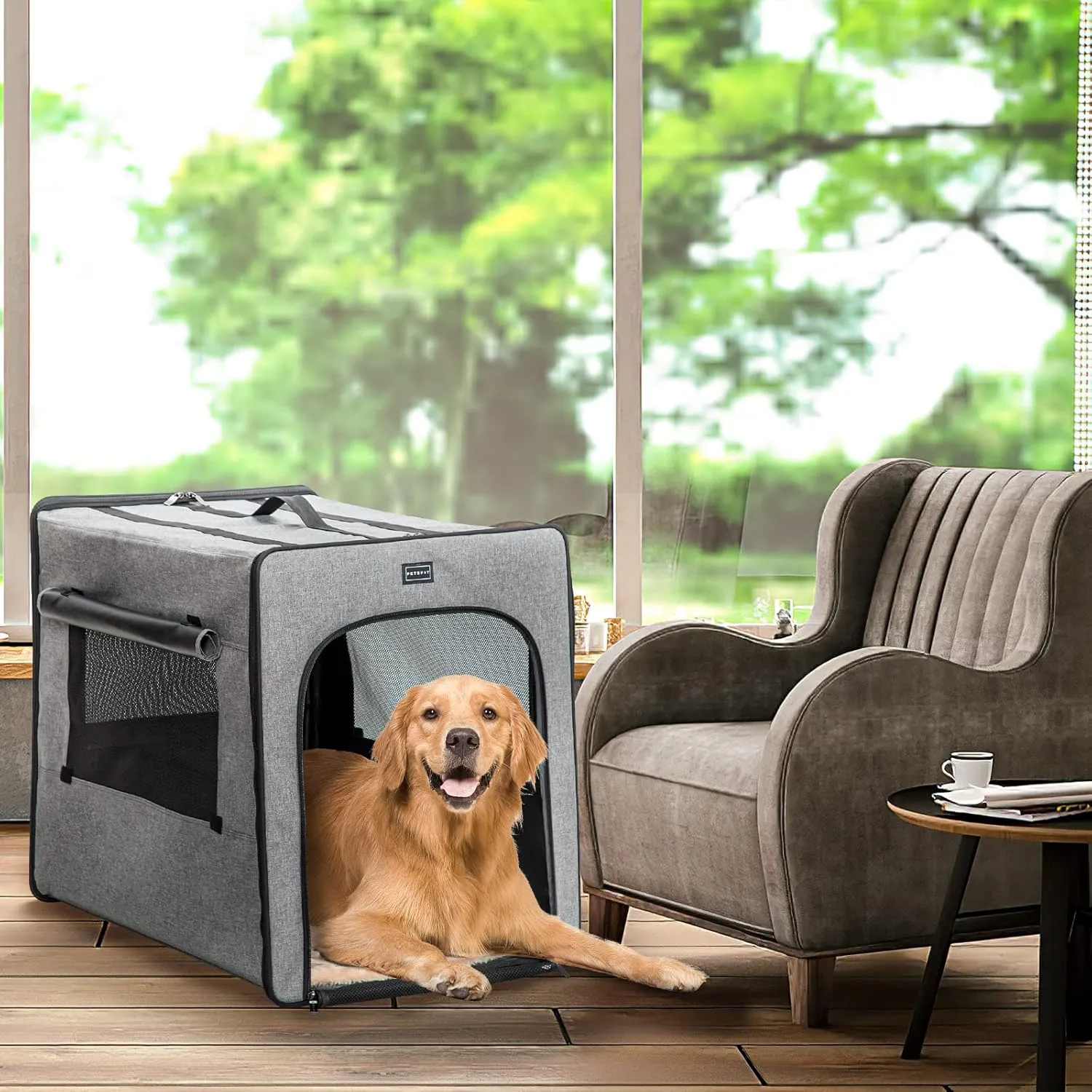 PETSFIT Dog Travel Crate, Soft Dog Crate - 31 Inch with Thicken Mat, Easy to Fold, Sturdy and Portable, Perfect for Traveling, Soft Sided Dog Crate Grey