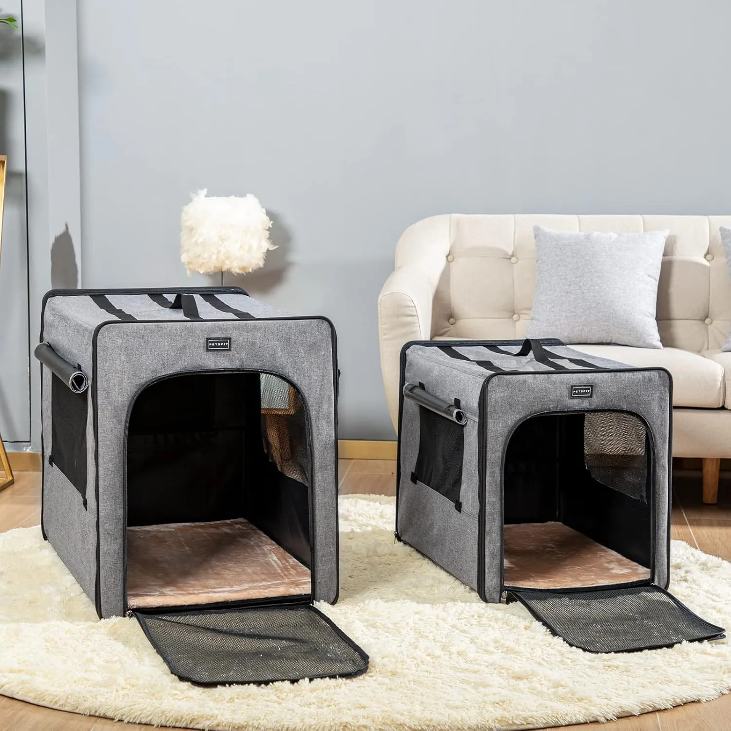 PETSFIT Dog Travel Crate, Soft Dog Crate - 31 Inch with Thicken Mat, Easy to Fold, Sturdy and Portable, Perfect for Traveling, Soft Sided Dog Crate Grey