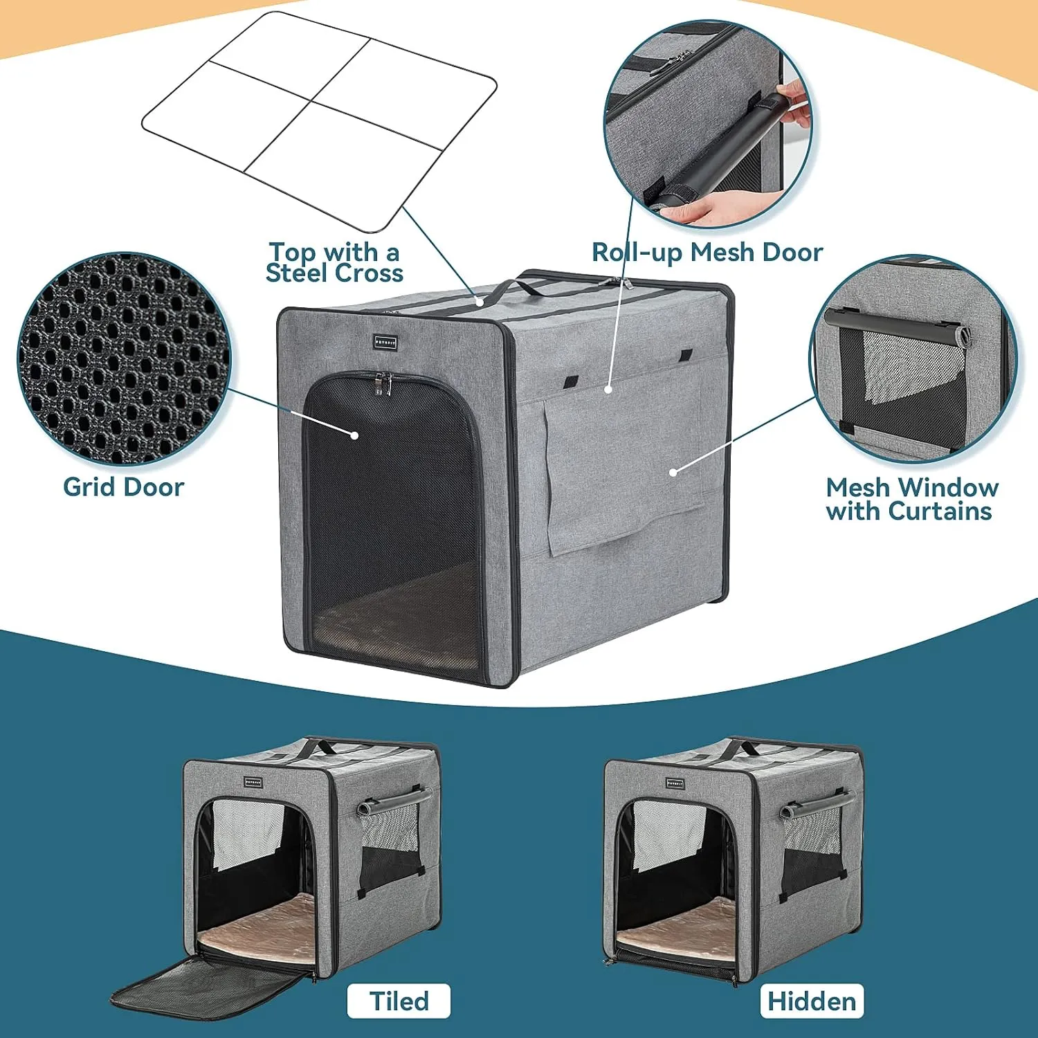 PETSFIT Dog Travel Crate, Soft Dog Crate - 31 Inch with Thicken Mat, Easy to Fold, Sturdy and Portable, Perfect for Traveling, Soft Sided Dog Crate Grey