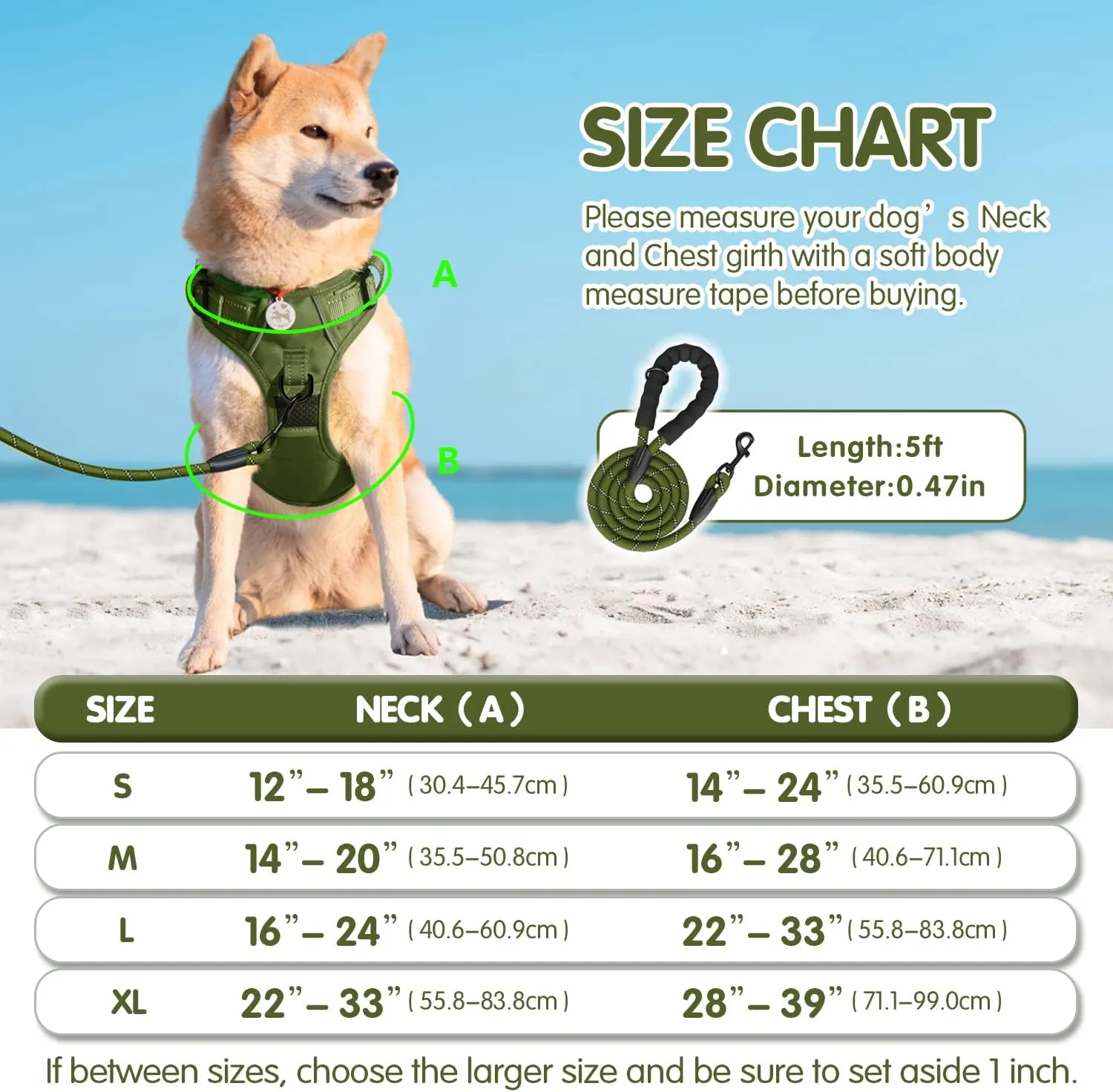 PoyPet No Pull Dog Harness and 5 Feet Leash Set, Release on Neck Reflective Adjustable Pet Vest, Front & Back 2 D-Ring and Soft Padded Pet Harness with Handle for Small to Large Dogs(Military Green,S)