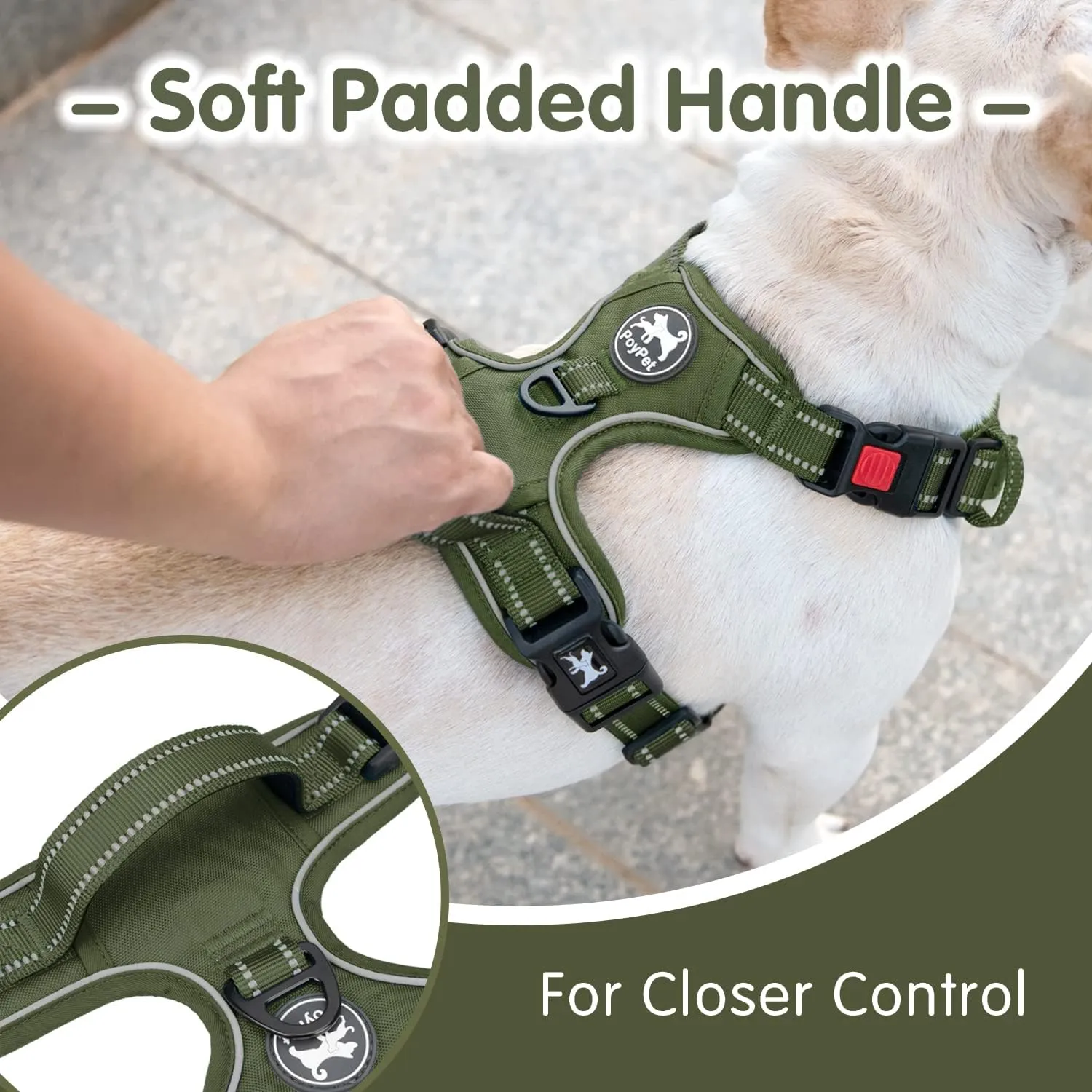 PoyPet No Pull Dog Harness and 5 Feet Leash Set, Release on Neck Reflective Adjustable Pet Vest, Front & Back 2 D-Ring and Soft Padded Pet Harness with Handle for Small to Large Dogs(Military Green,S)